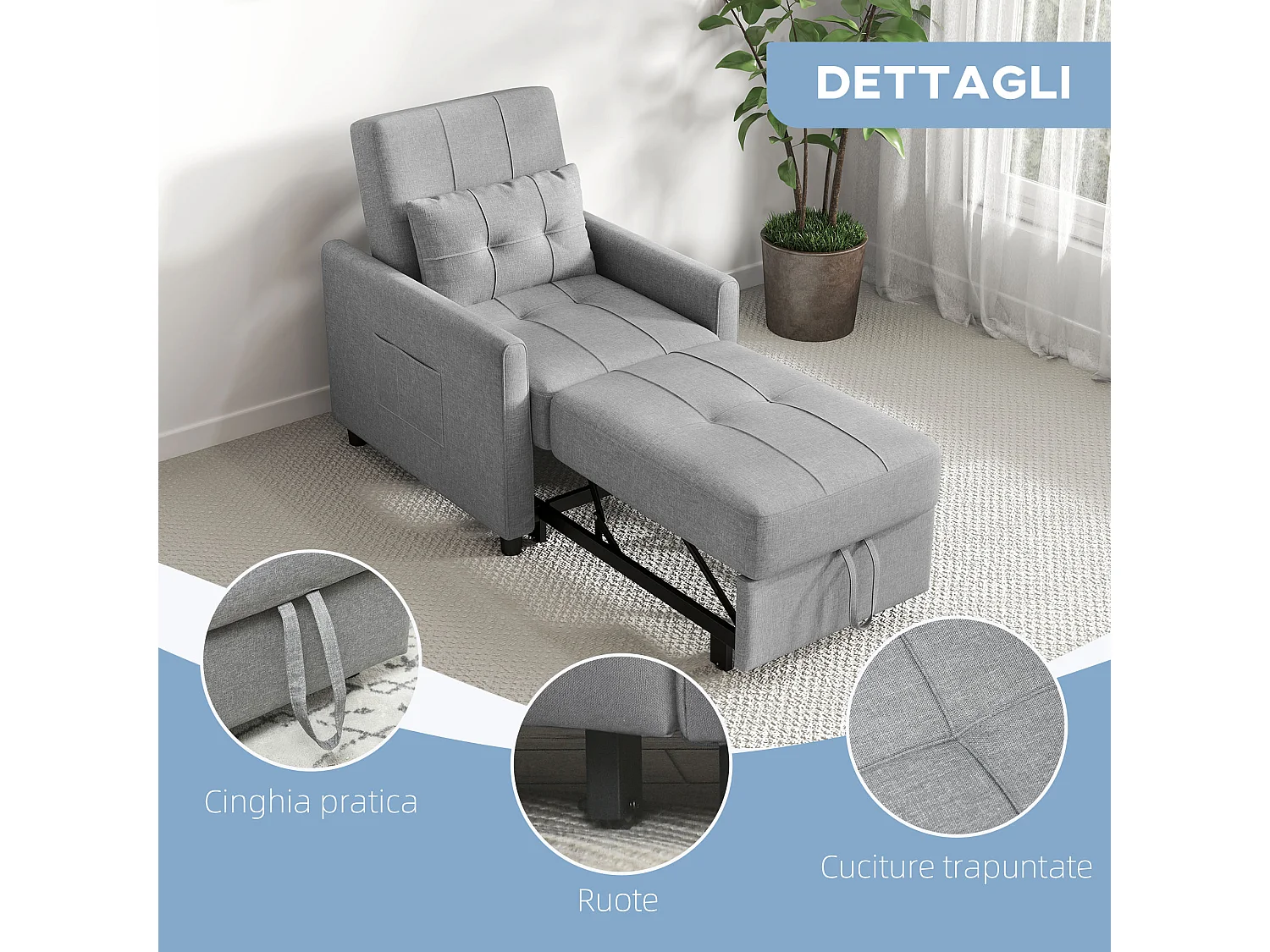 Poltrona letto singolo 3 reclinazioni con cuscino extra grigio chiaro