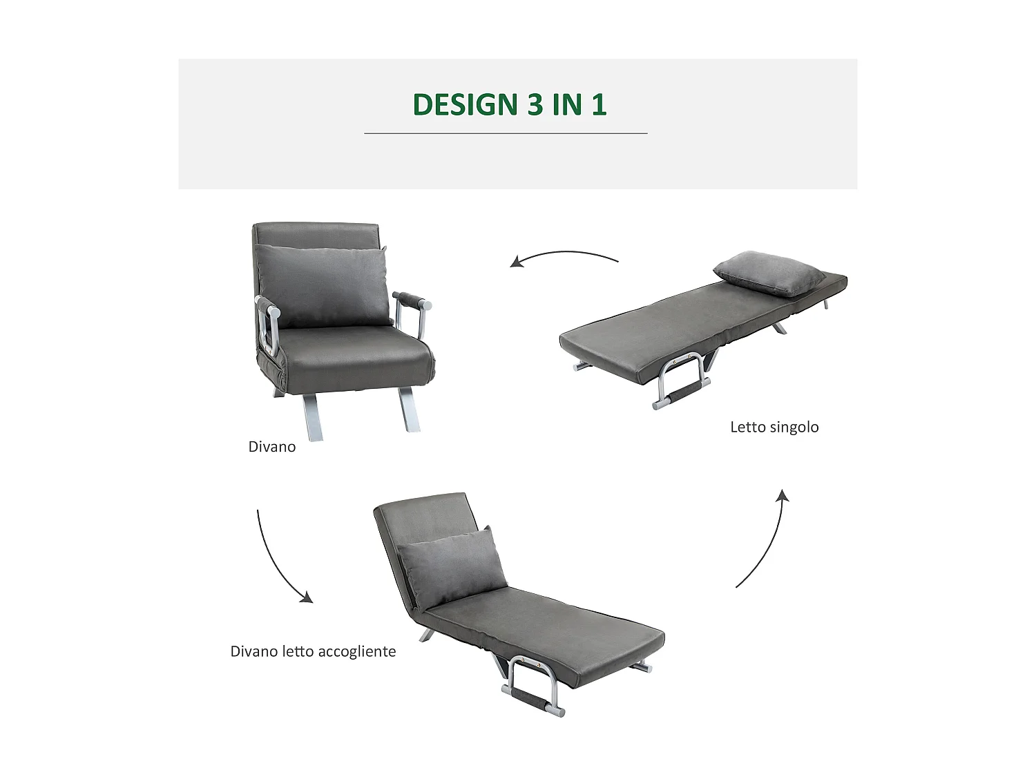 Divano letto multifunzionale 2 in 1 schienale inclinabile grigio