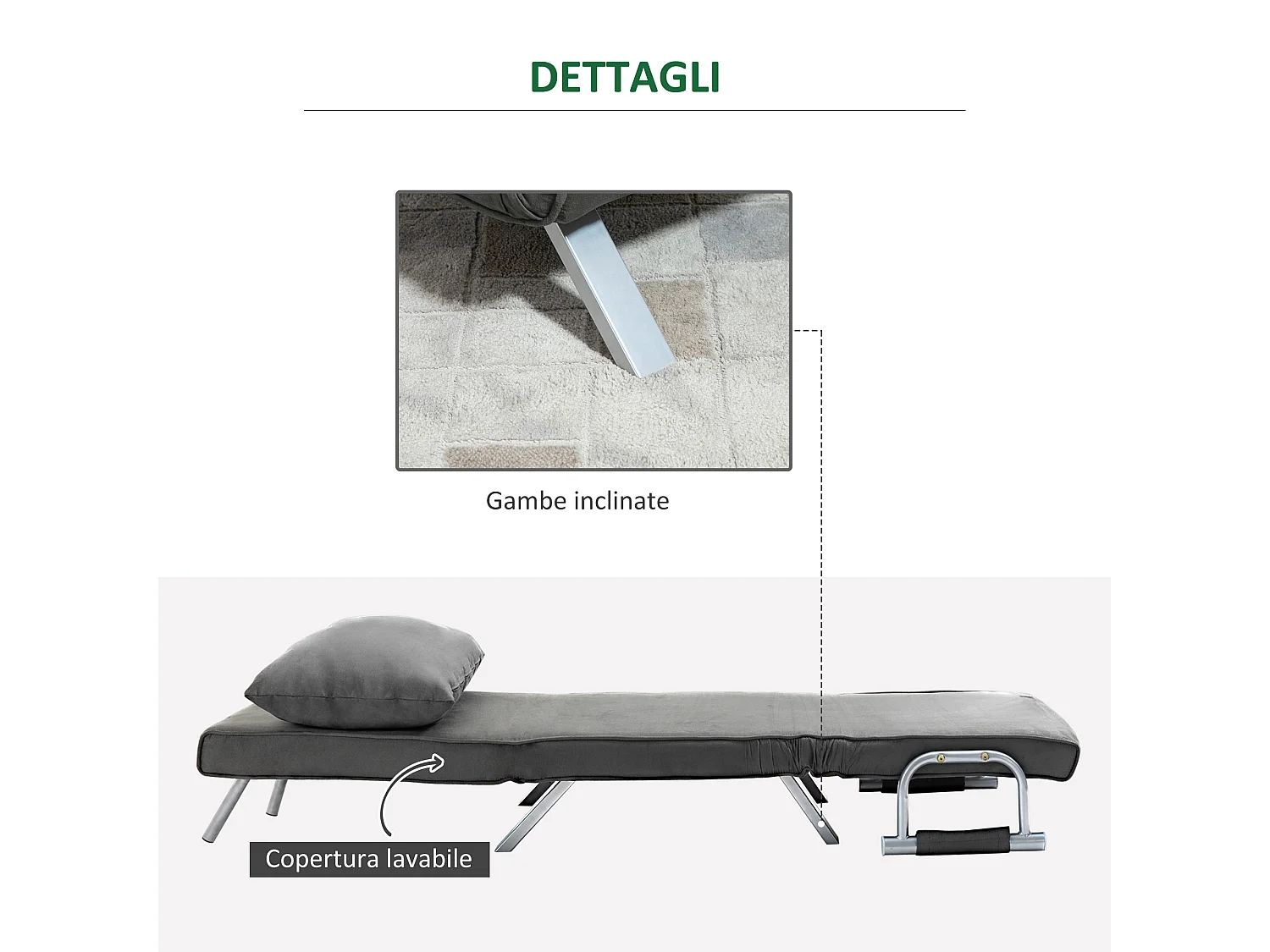 Divano letto multifunzionale 2 in 1 schienale inclinabile grigio