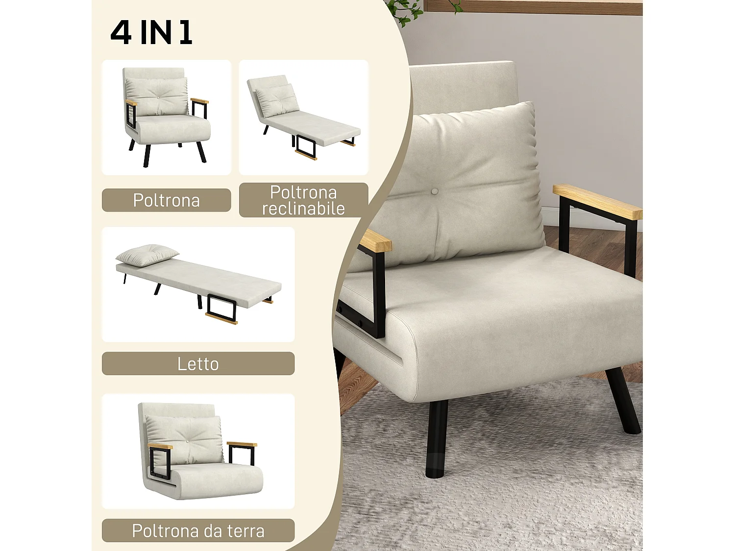 Poltrona letto 3 in 1 reclinabile con cuscino bianco crema