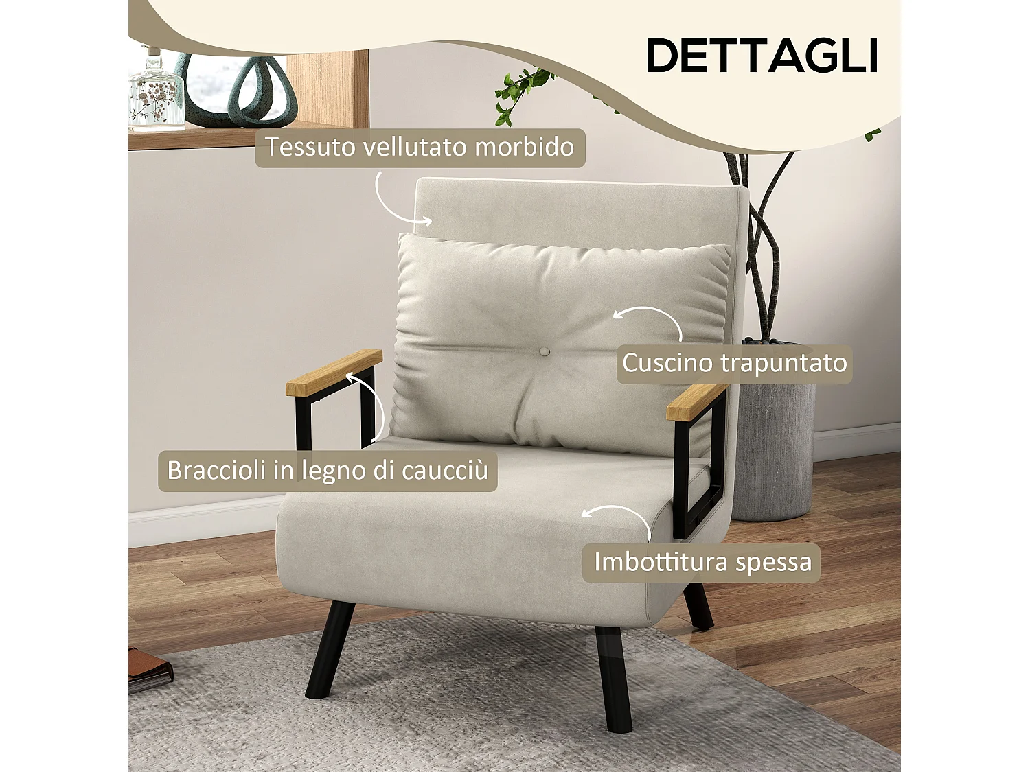 Poltrona letto 3 in 1 reclinabile con cuscino bianco crema