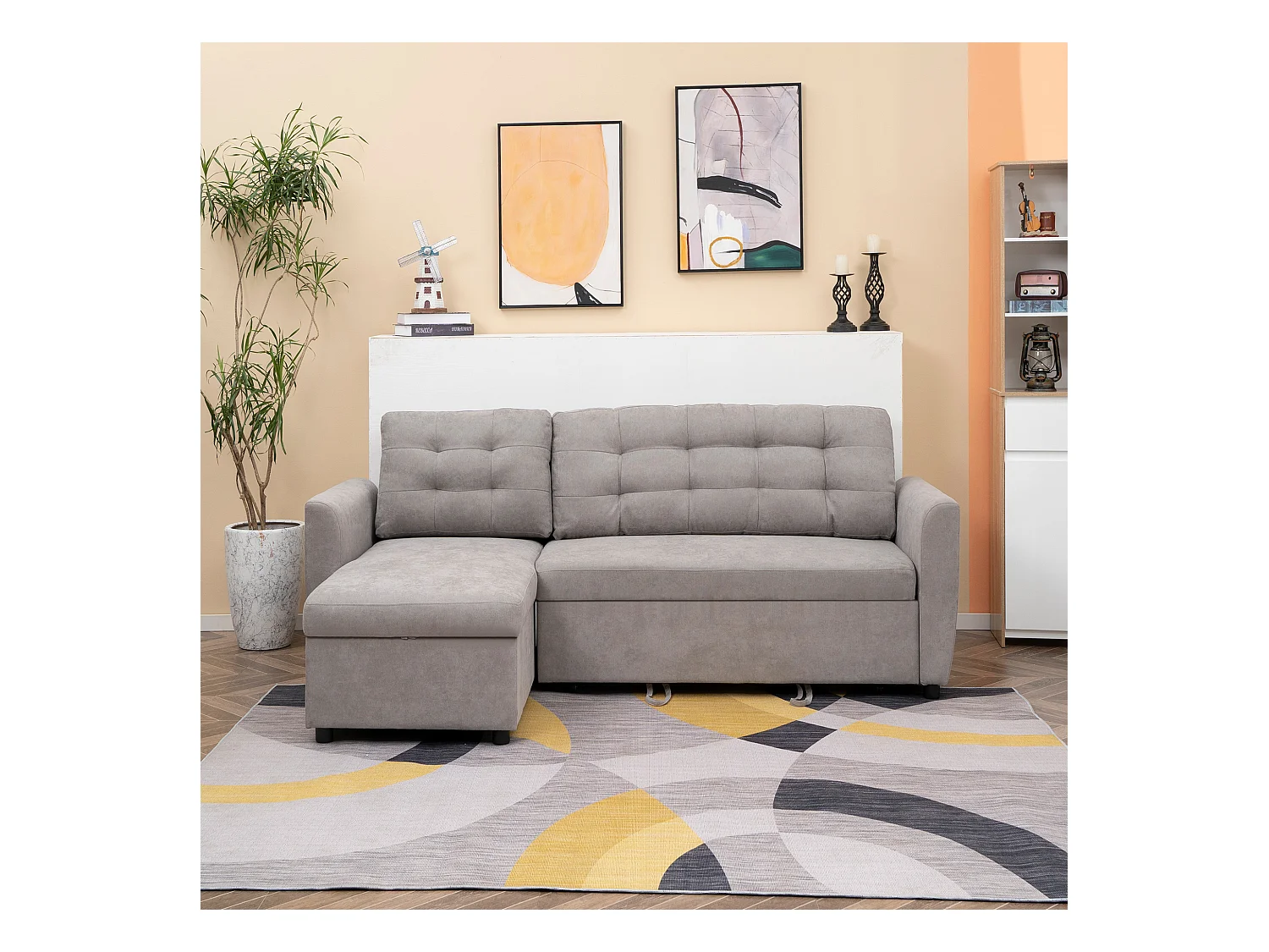 Divano letto 3  posti e chaise longue contenitore in tessuto