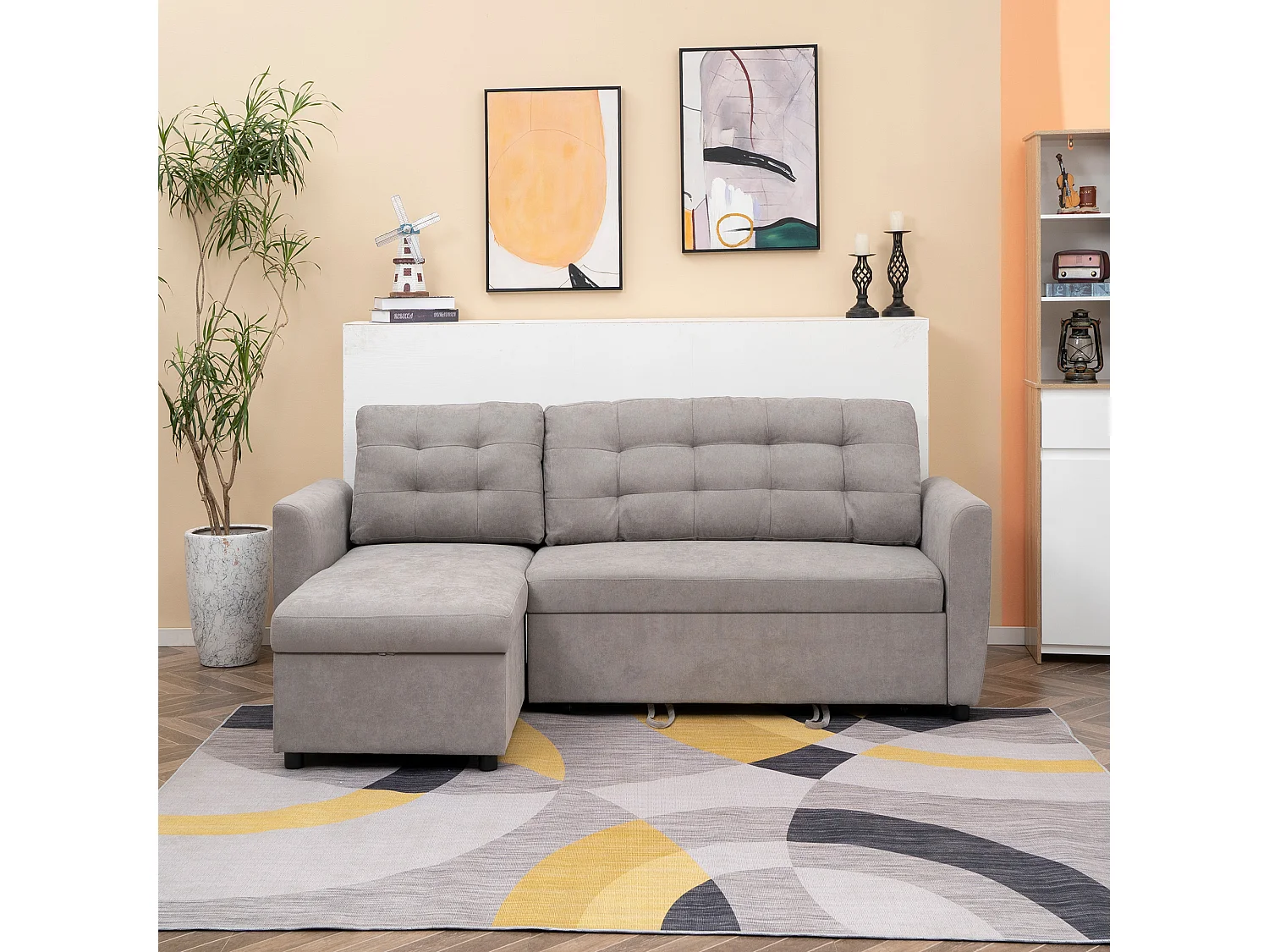 Divano letto 3  posti e chaise longue contenitore in tessuto