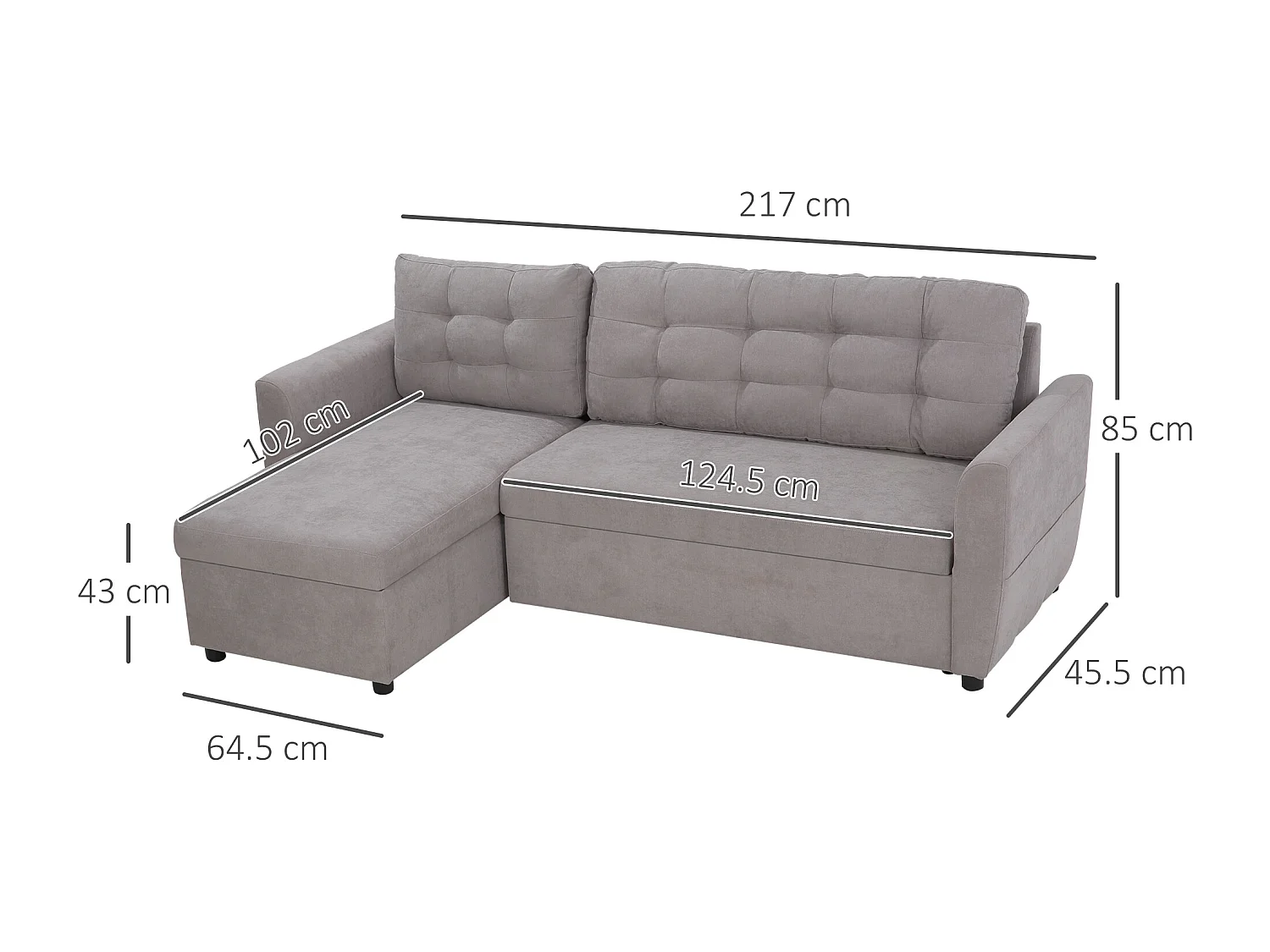 Divano letto 3  posti e chaise longue contenitore in tessuto