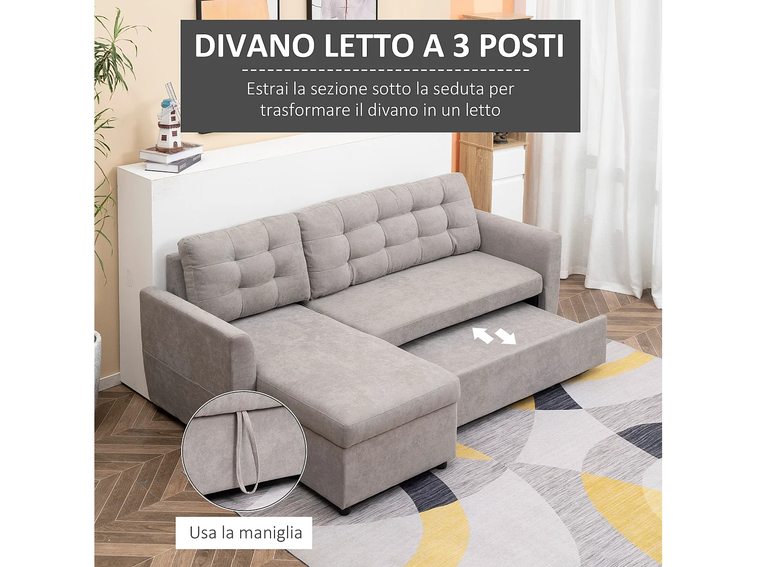 Divano letto 3  posti e chaise longue contenitore in tessuto