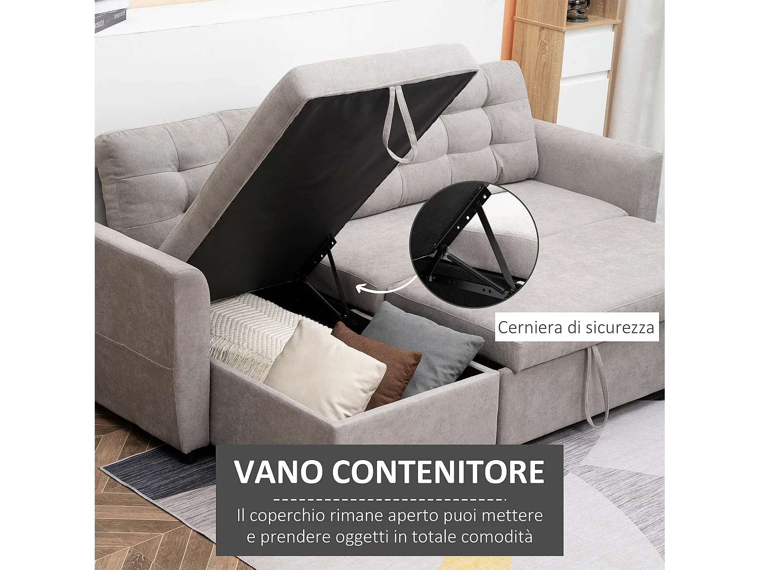 Divano letto 3  posti e chaise longue contenitore in tessuto