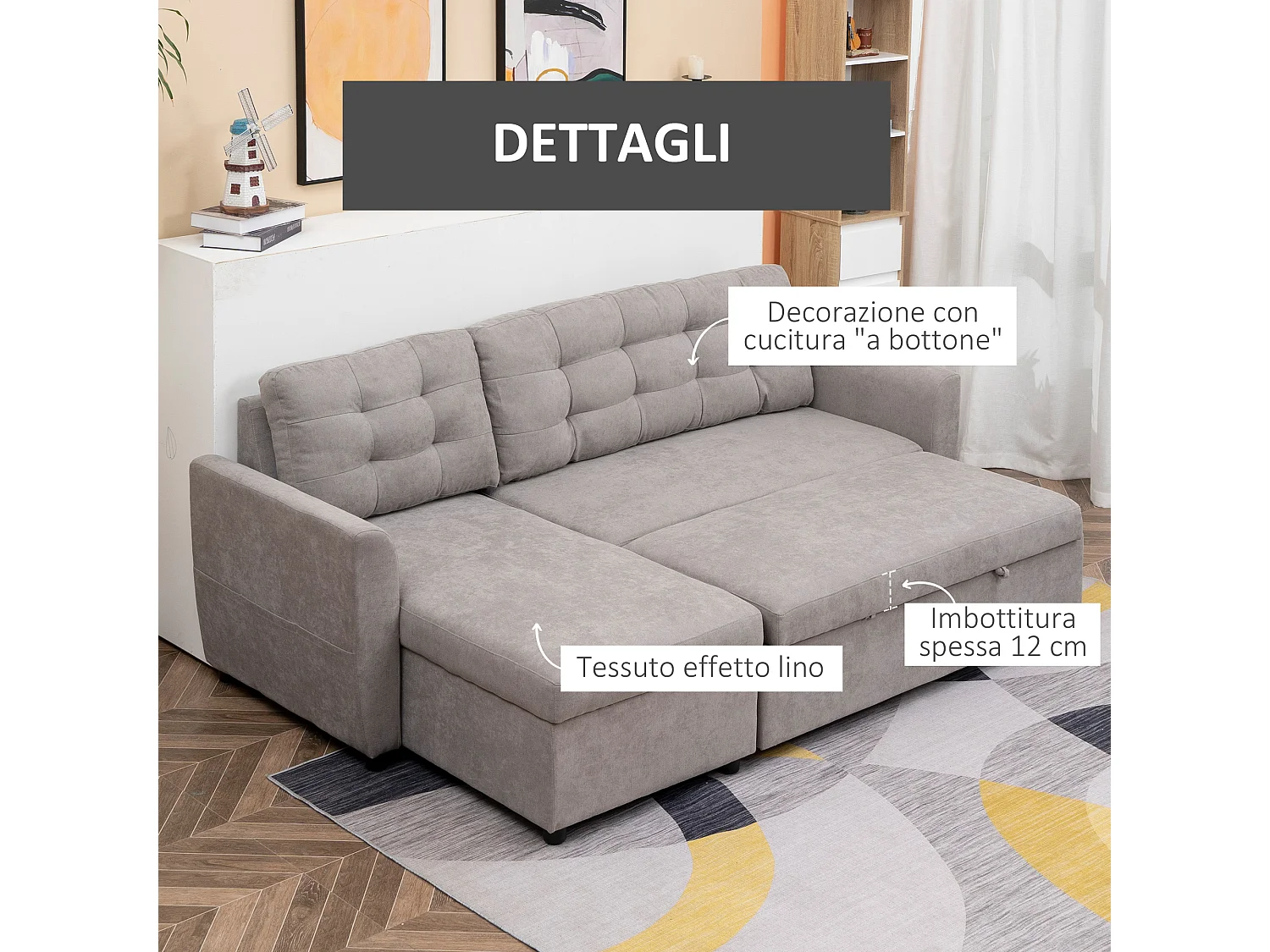Divano letto 3  posti e chaise longue contenitore in tessuto