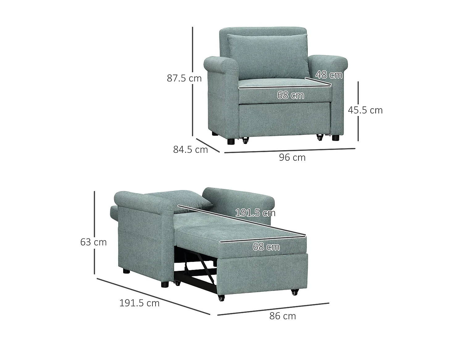 Poltrona letto singolo con schienale regolabile in 4 posizioni