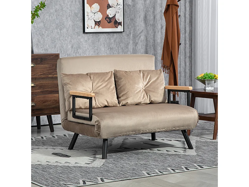 Divano letto vellutato con schienale regolabile marrone chiaro