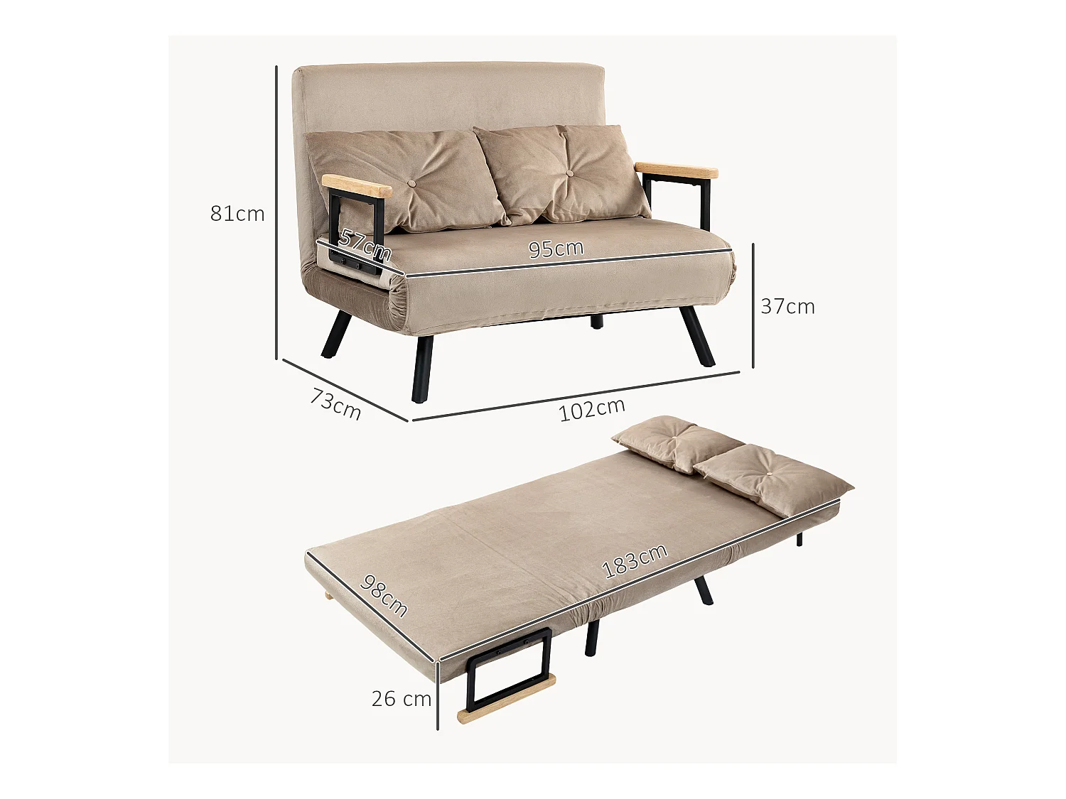 Divano letto vellutato con schienale regolabile marrone chiaro