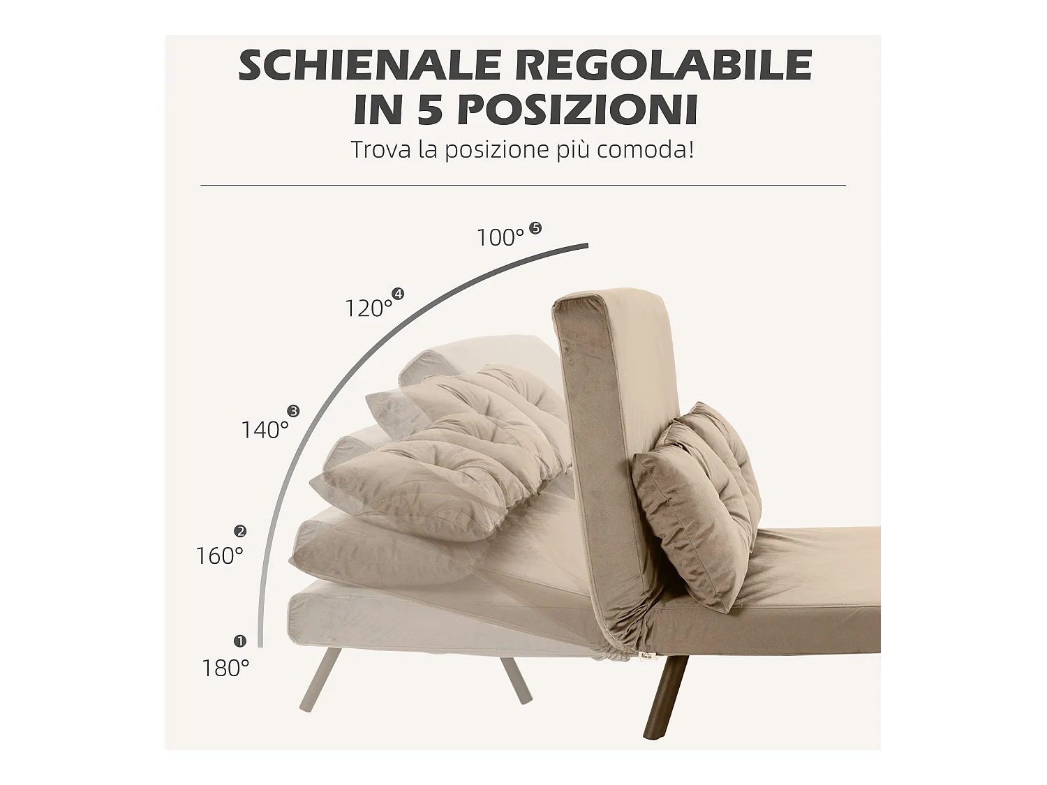 Divano letto vellutato con schienale regolabile marrone chiaro