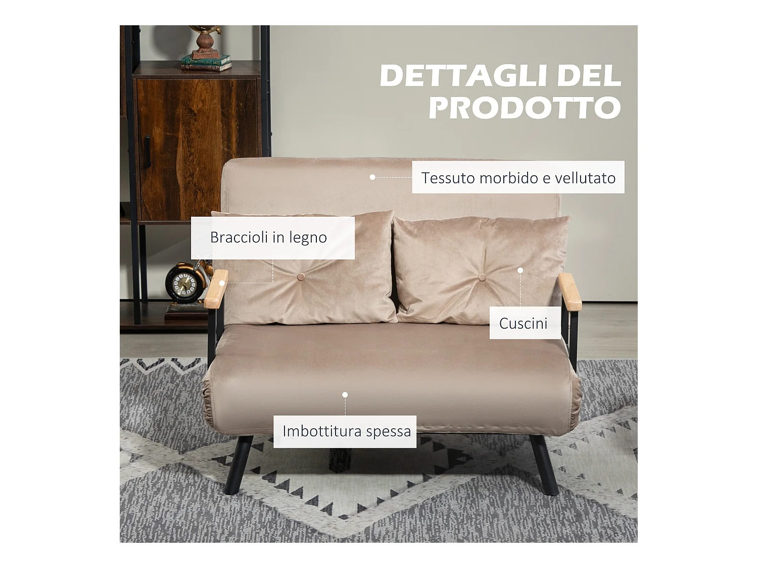 Divano letto vellutato con schienale regolabile marrone chiaro