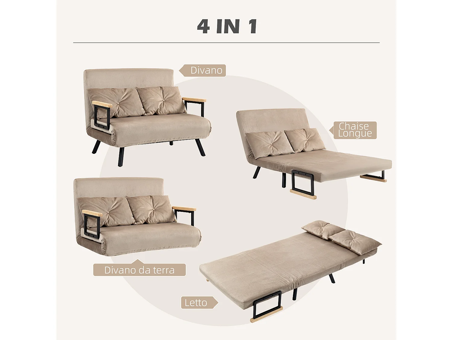 Divano letto vellutato con schienale regolabile marrone chiaro