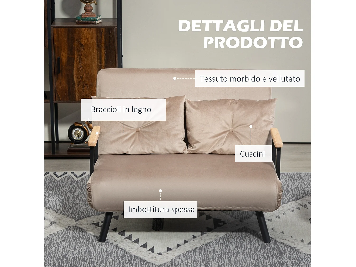 Divano letto vellutato con schienale regolabile marrone chiaro