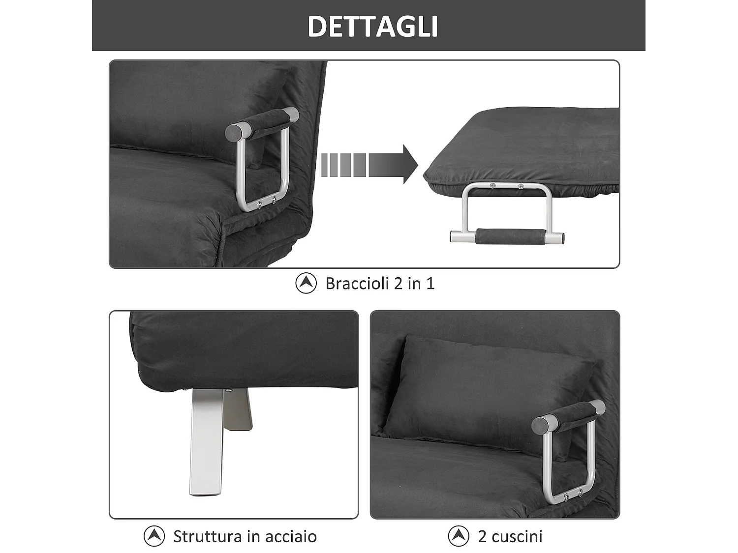 Divano letto 2  posti regolabile in 5 posizioni grigio
