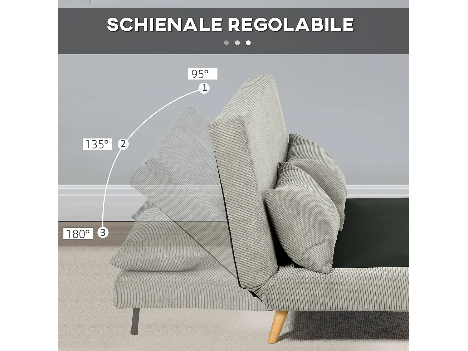 Divano letto matrimoniale con schienale regolabile e 2 cuscini grigio