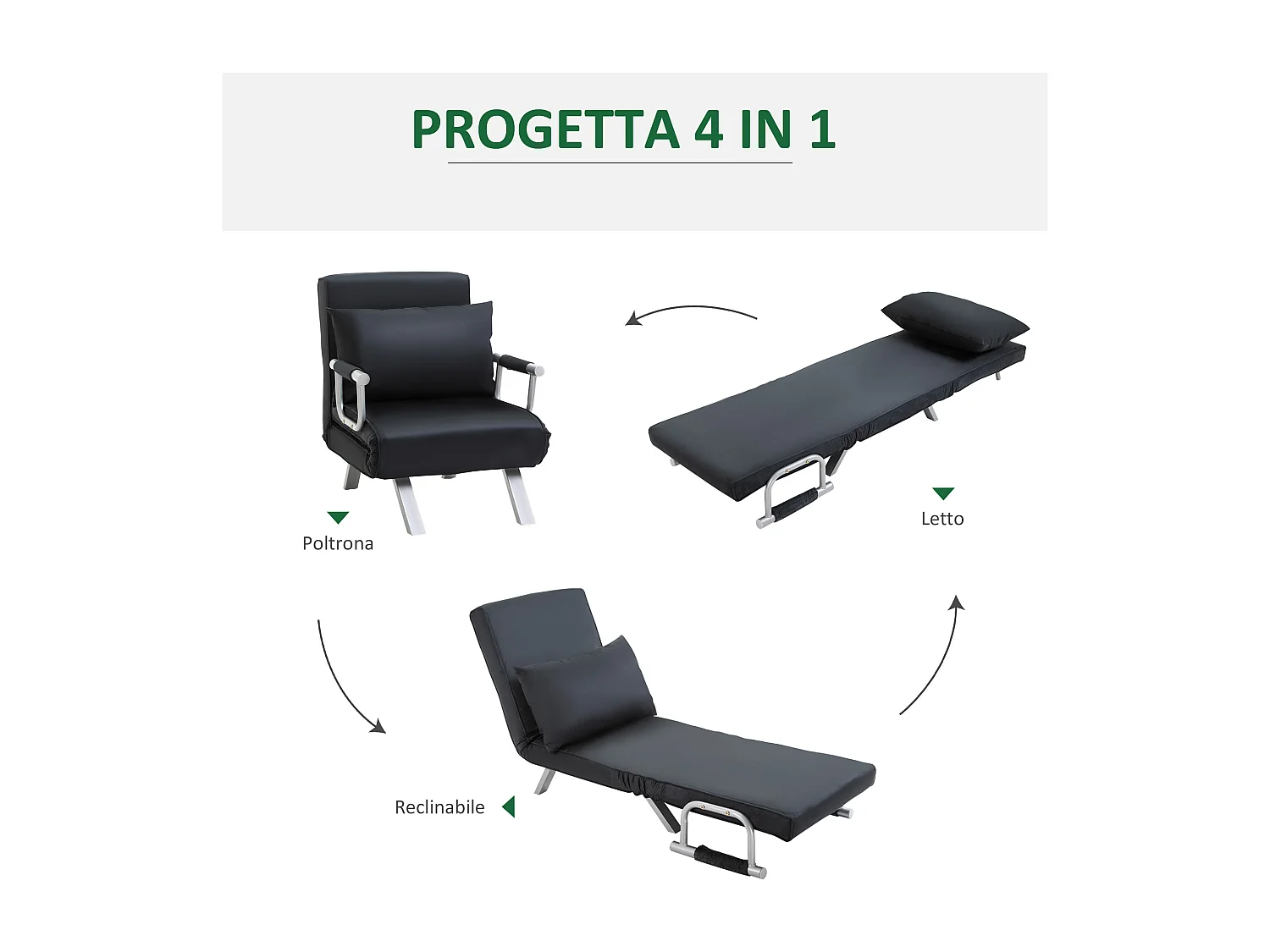 Poltrona letto con schienale reclinabile su 5 posizioni nero