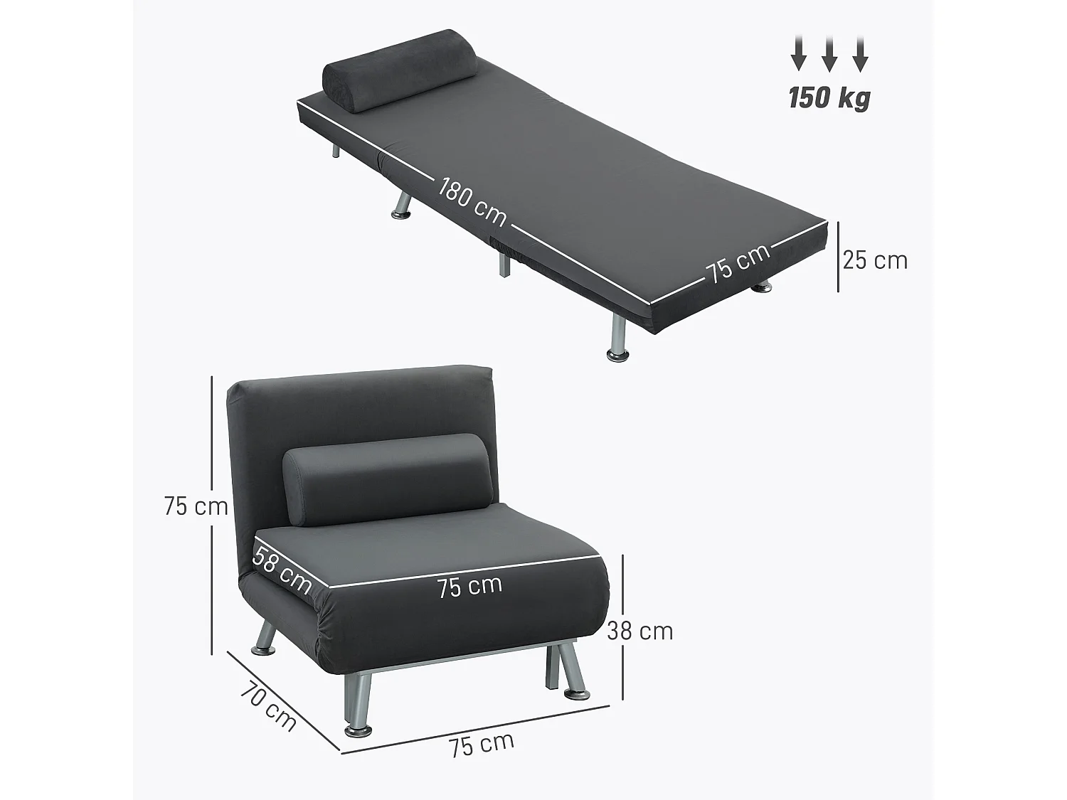 Poltrona letto 3 in 1 schienale regolabile in tessuto grigio scuro