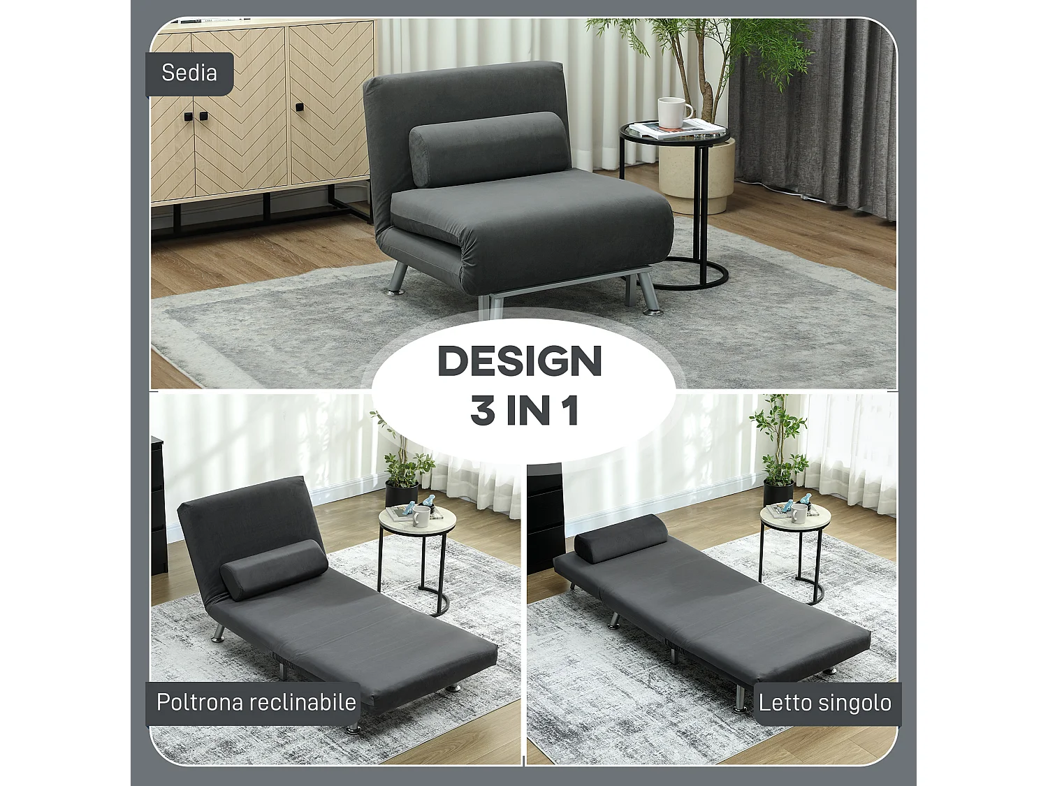 Poltrona letto 3 in 1 schienale regolabile in tessuto grigio scuro