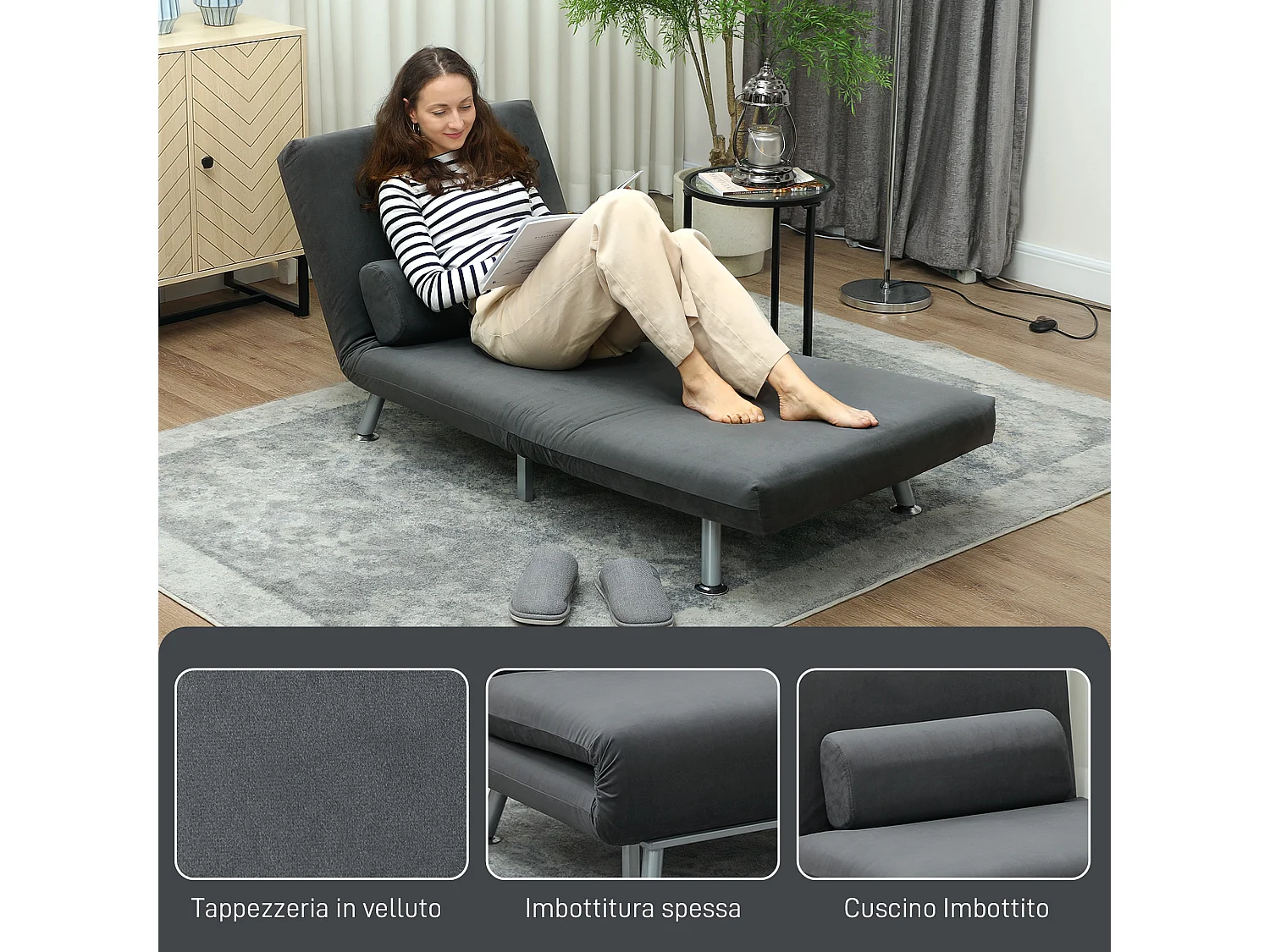 Poltrona letto 3 in 1 schienale regolabile in tessuto grigio scuro