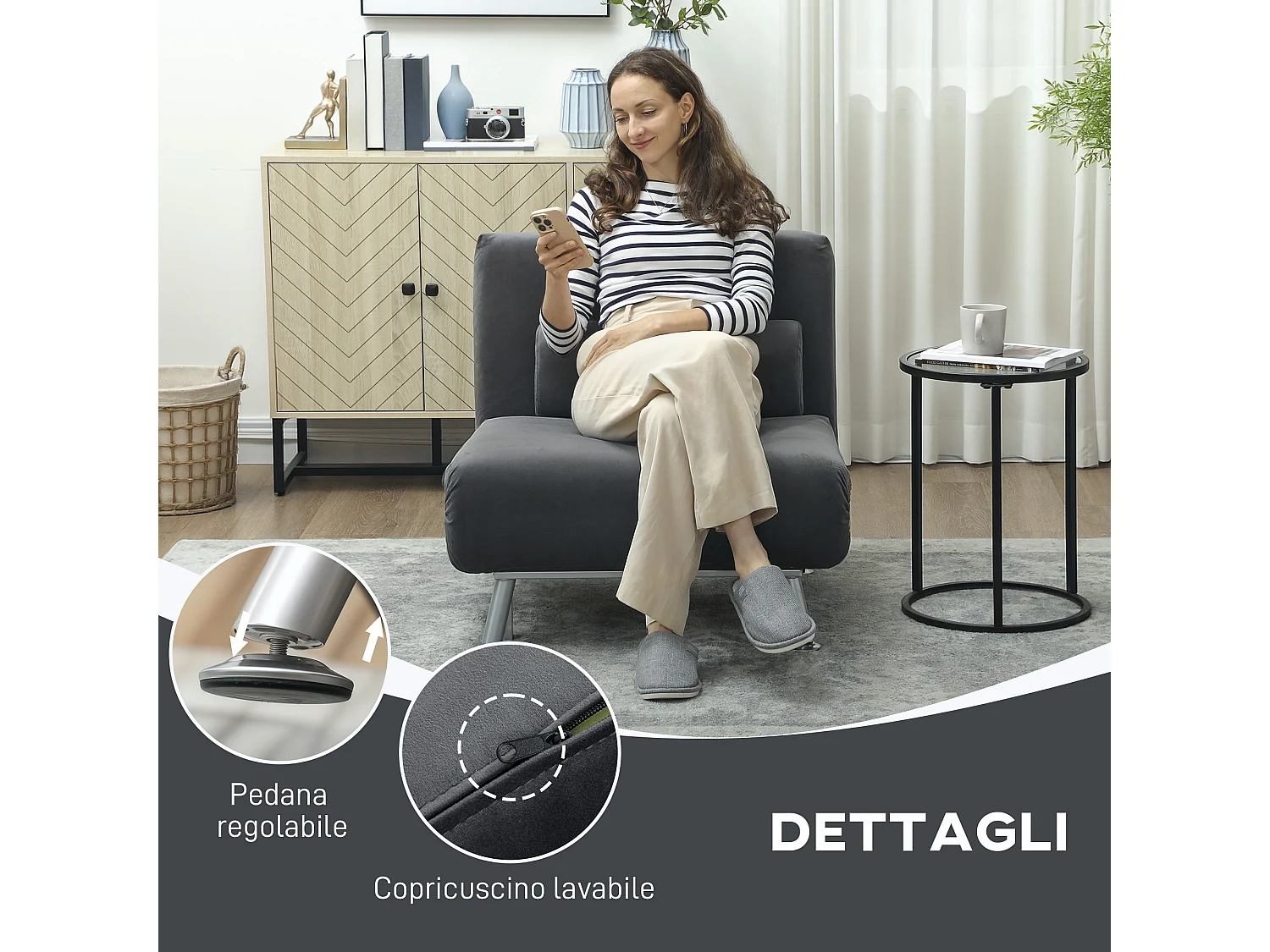 Poltrona letto 3 in 1 schienale regolabile in tessuto grigio scuro