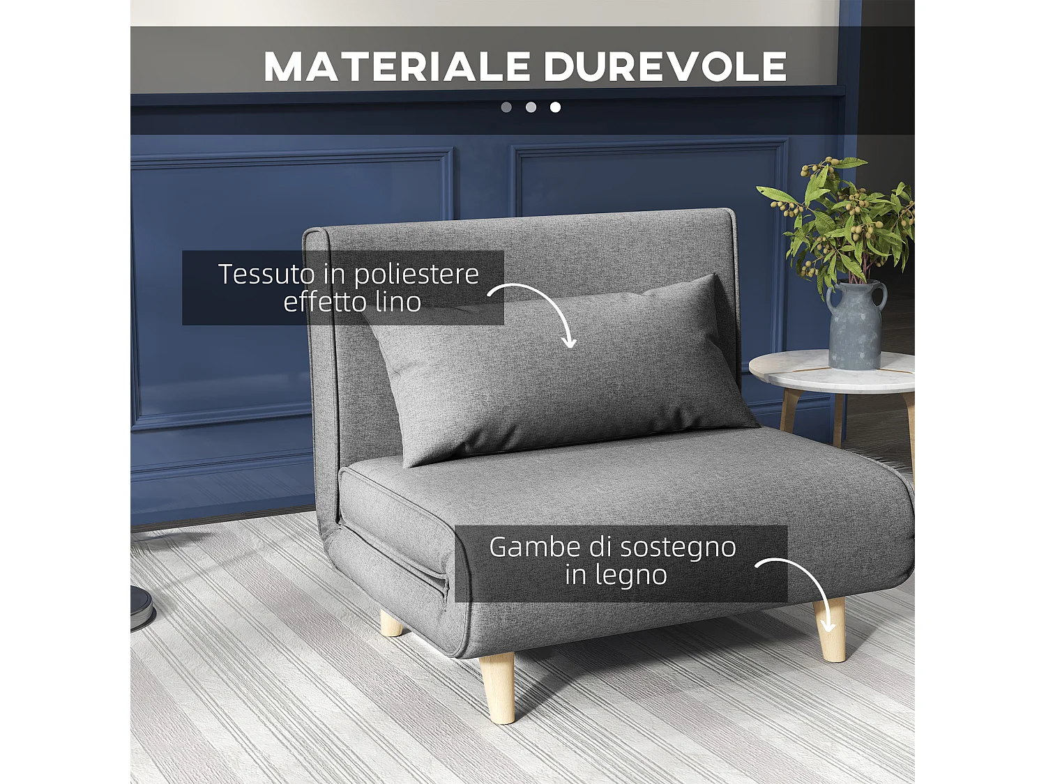 Poltrona letto singolo con schienale regolabile in tessuto grigio