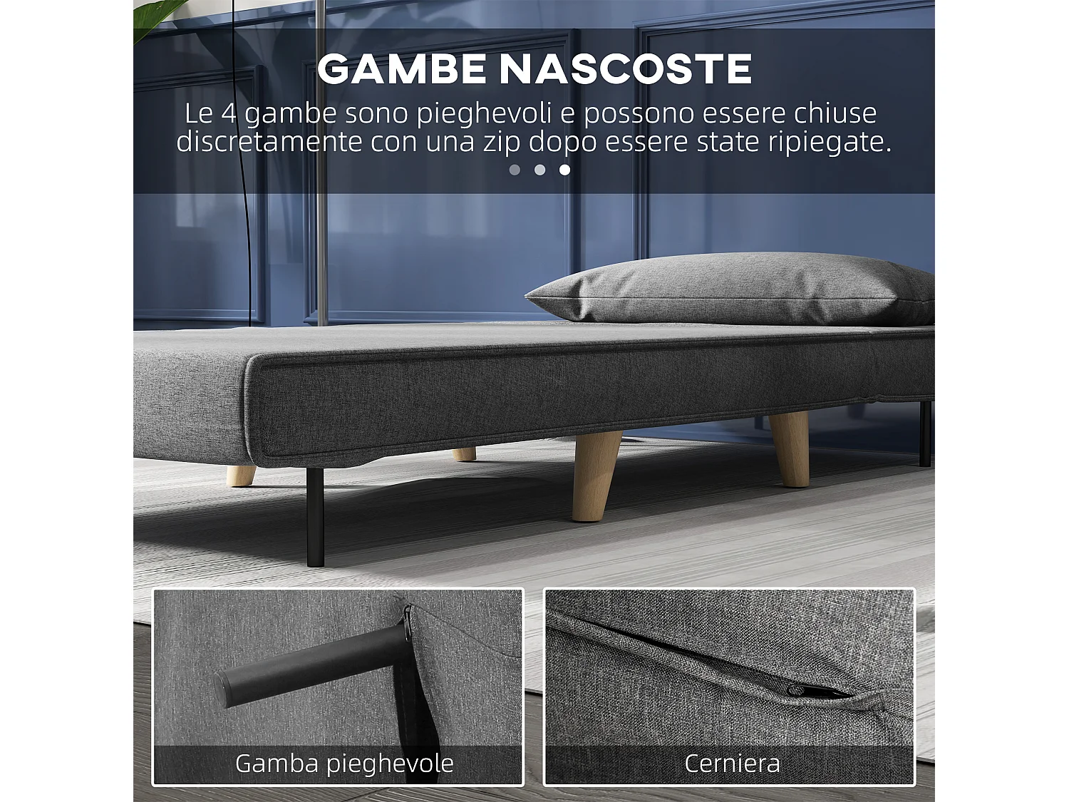 Poltrona letto singolo con schienale regolabile in tessuto grigio