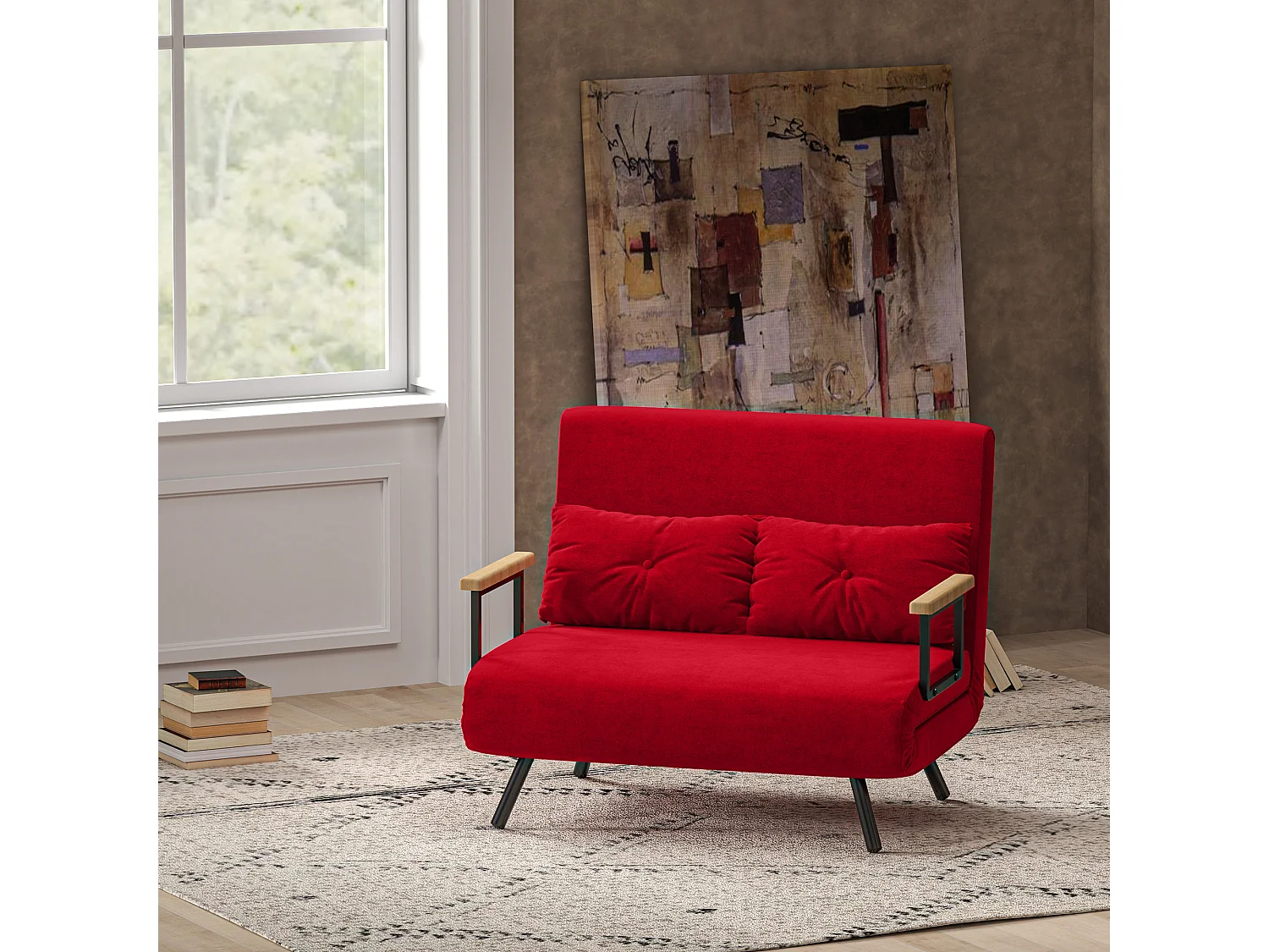 Divano letto vellutato con schienale regolabile su 5 livelli rosso