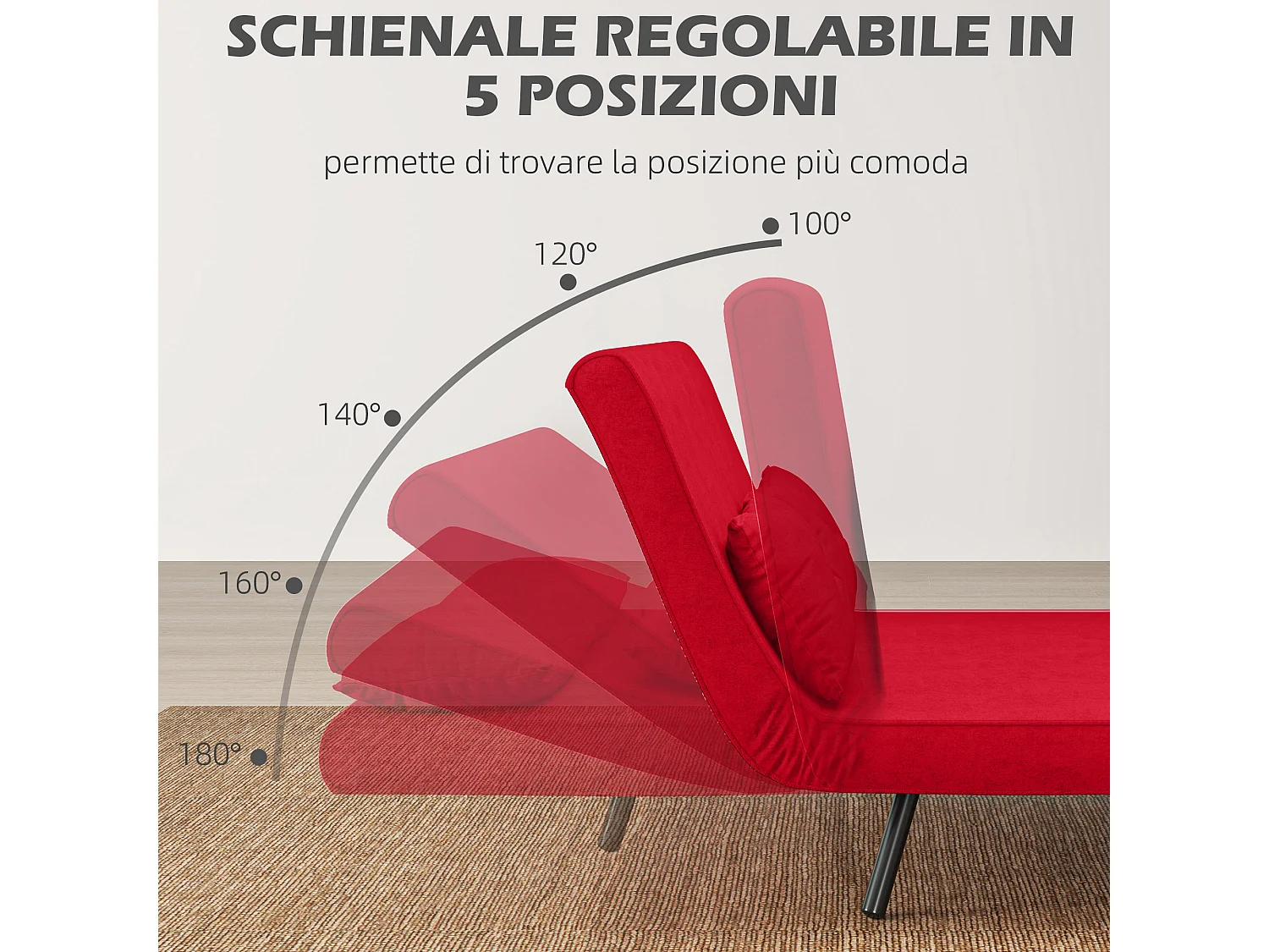 Divano letto vellutato con schienale regolabile su 5 livelli rosso