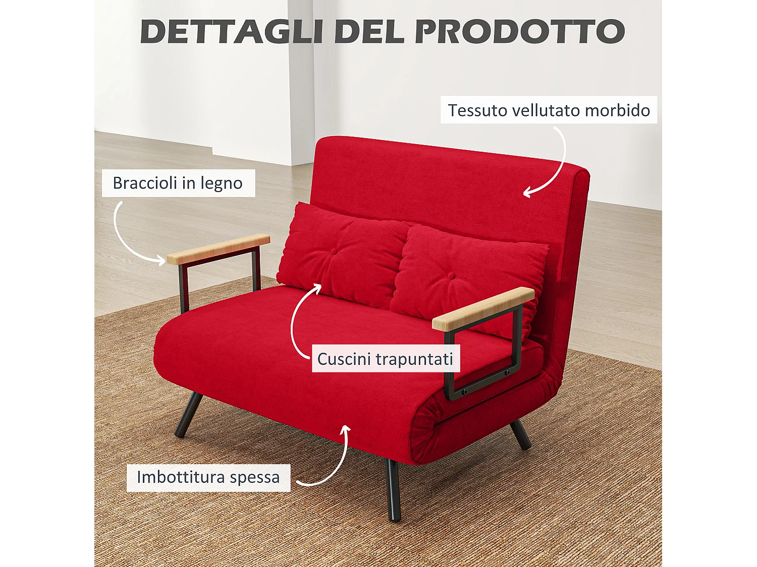 Divano letto vellutato con schienale regolabile su 5 livelli rosso