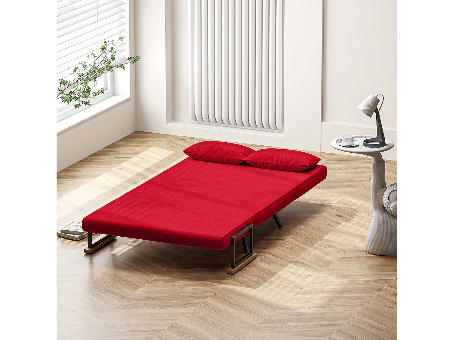 Divano letto vellutato con schienale regolabile su 5 livelli rosso