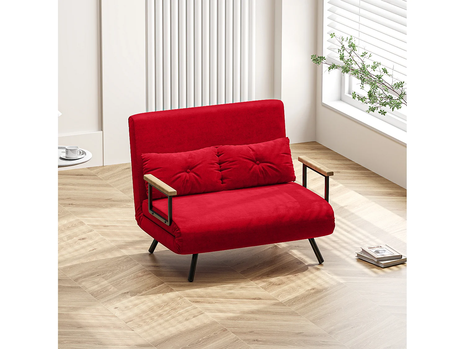 Divano letto vellutato con schienale regolabile su 5 livelli rosso
