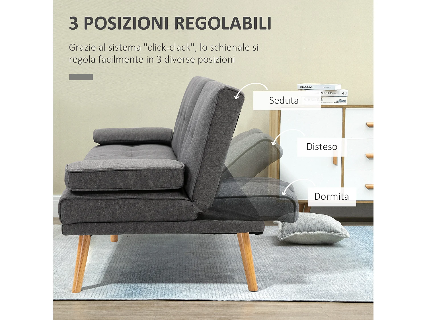 Divano letto 3  posti reclinabile con 2 braccioli staccabili