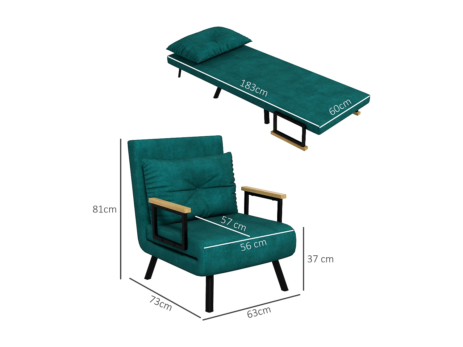 Poltrona letto singolo 3 in 1 con schienale reclinabile verde