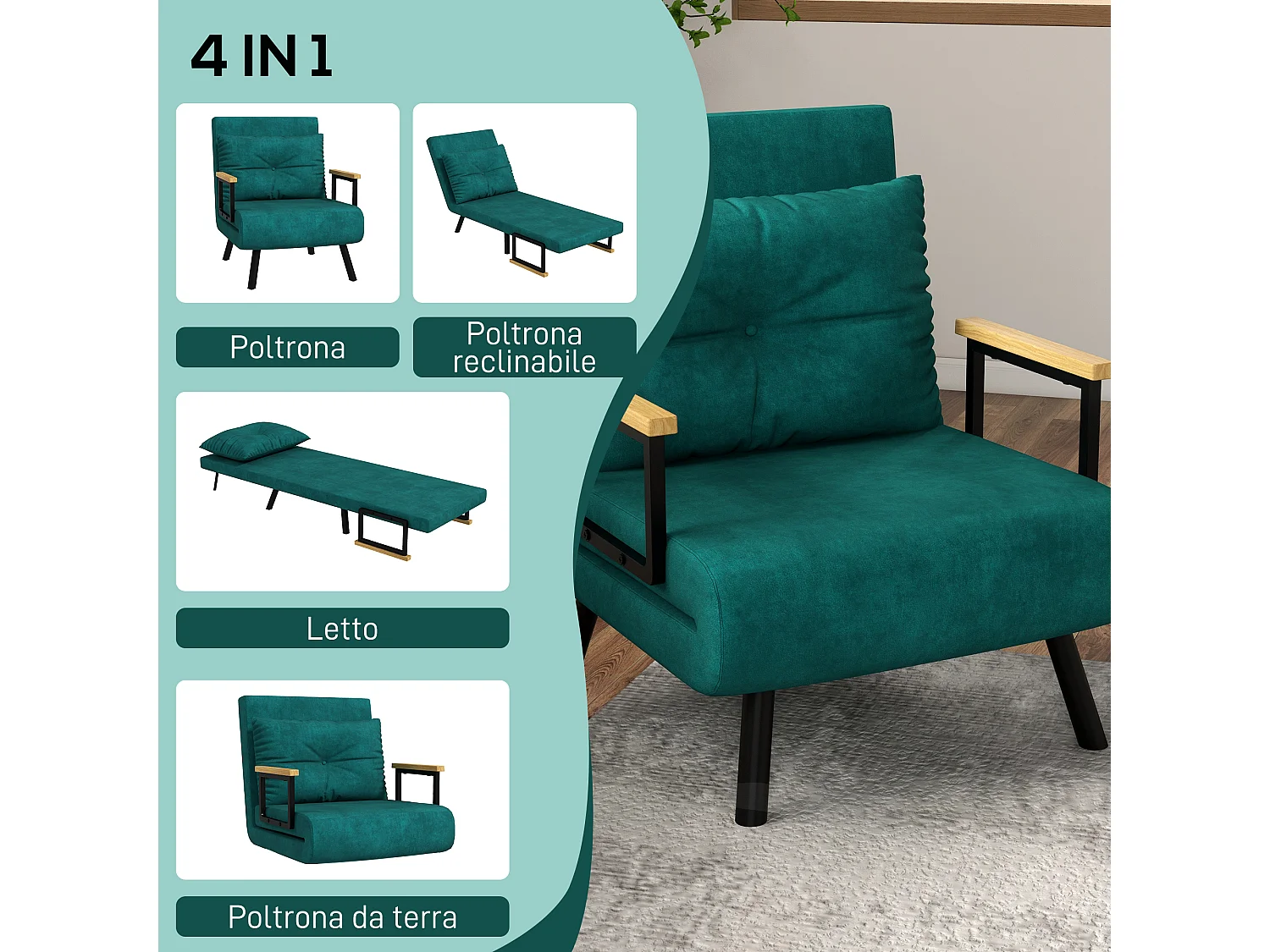 Poltrona letto singolo 3 in 1 con schienale reclinabile verde