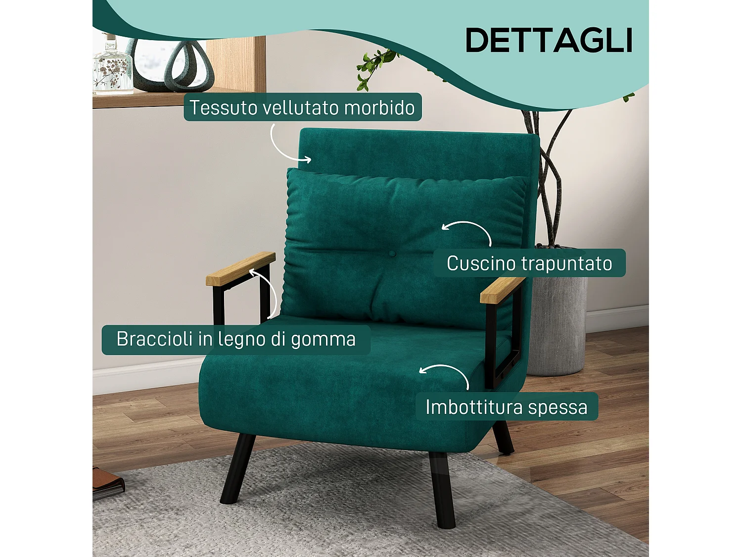 Poltrona letto singolo 3 in 1 con schienale reclinabile verde