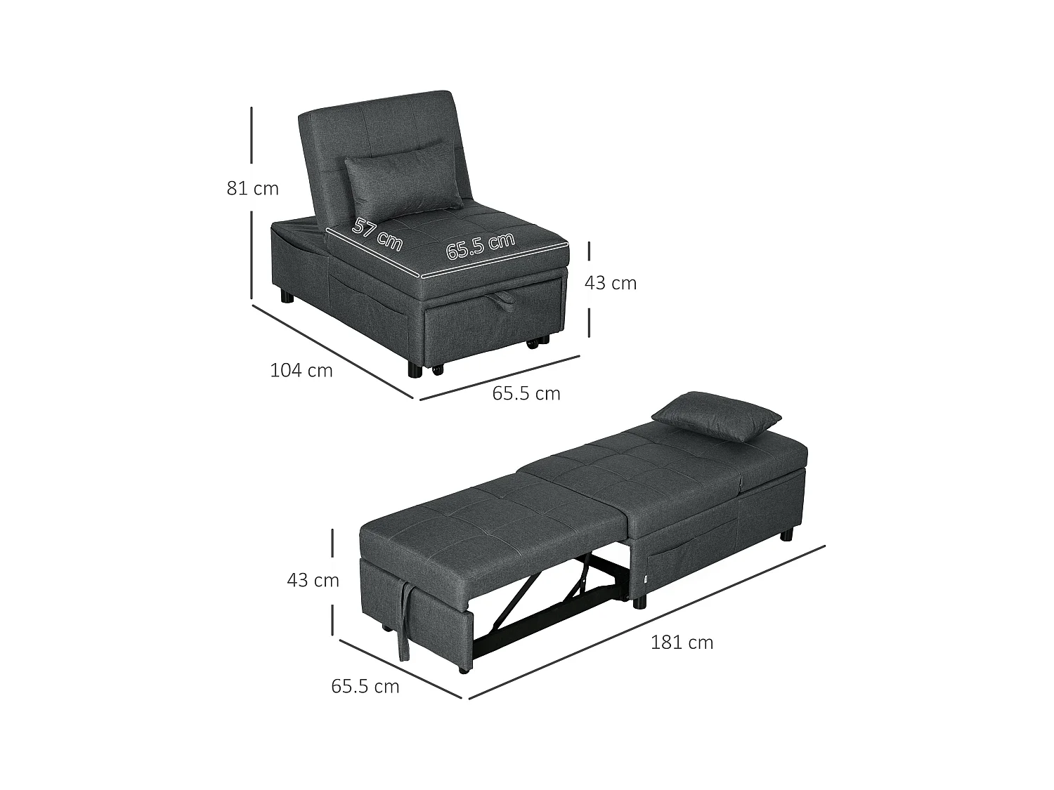 Poltrona letto singolo con schienale reclinabile 3 in 1 grigio