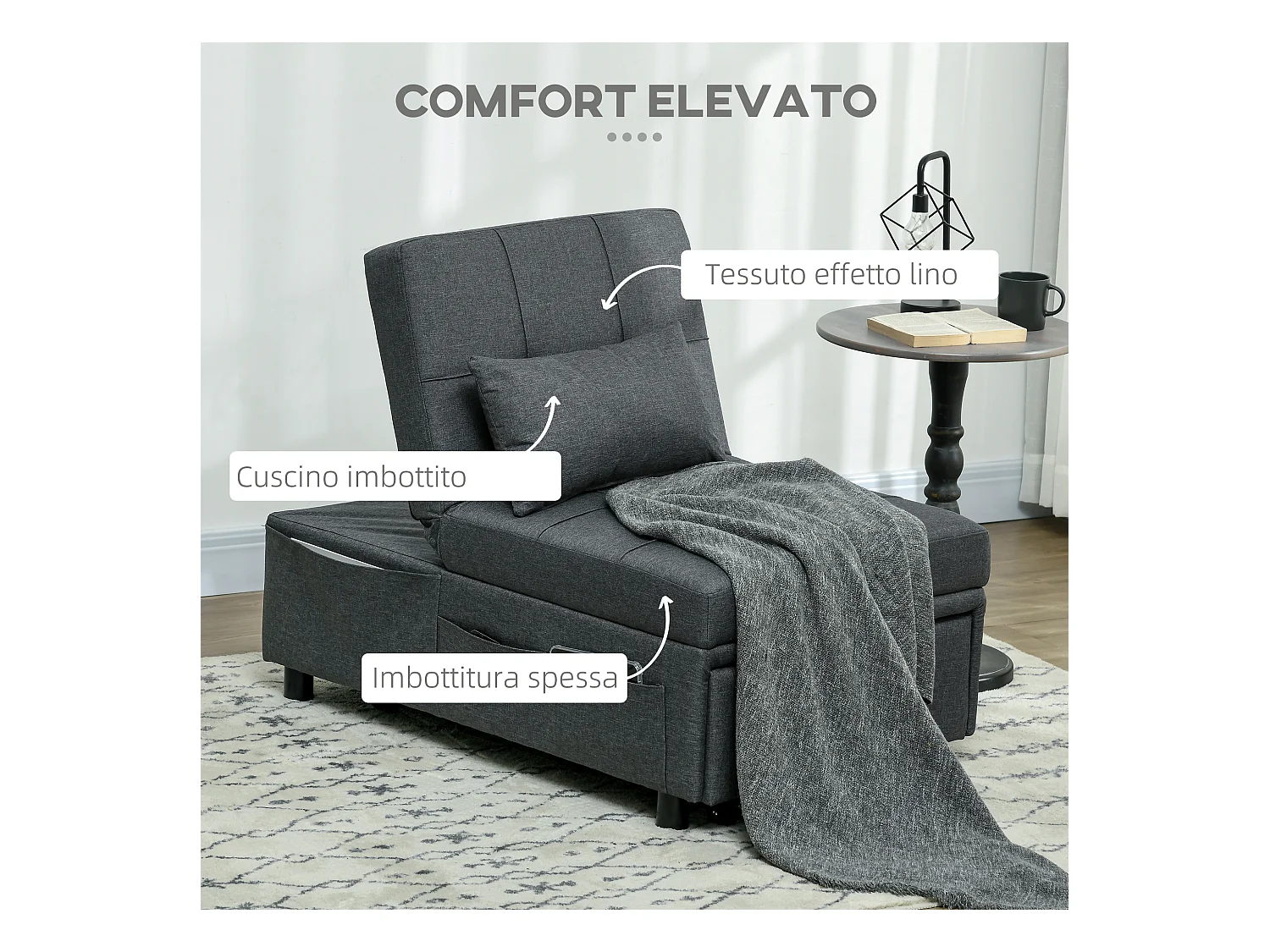 Poltrona letto singolo con schienale reclinabile 3 in 1 grigio