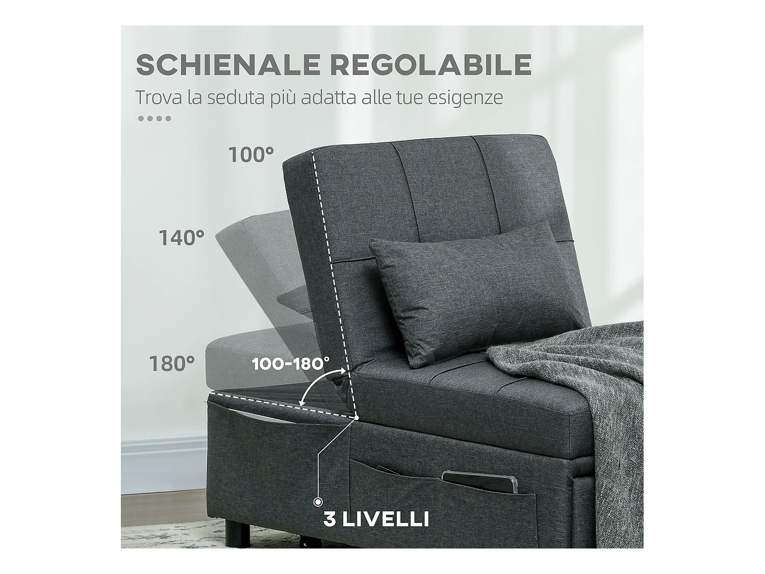Poltrona letto singolo con schienale reclinabile 3 in 1 grigio