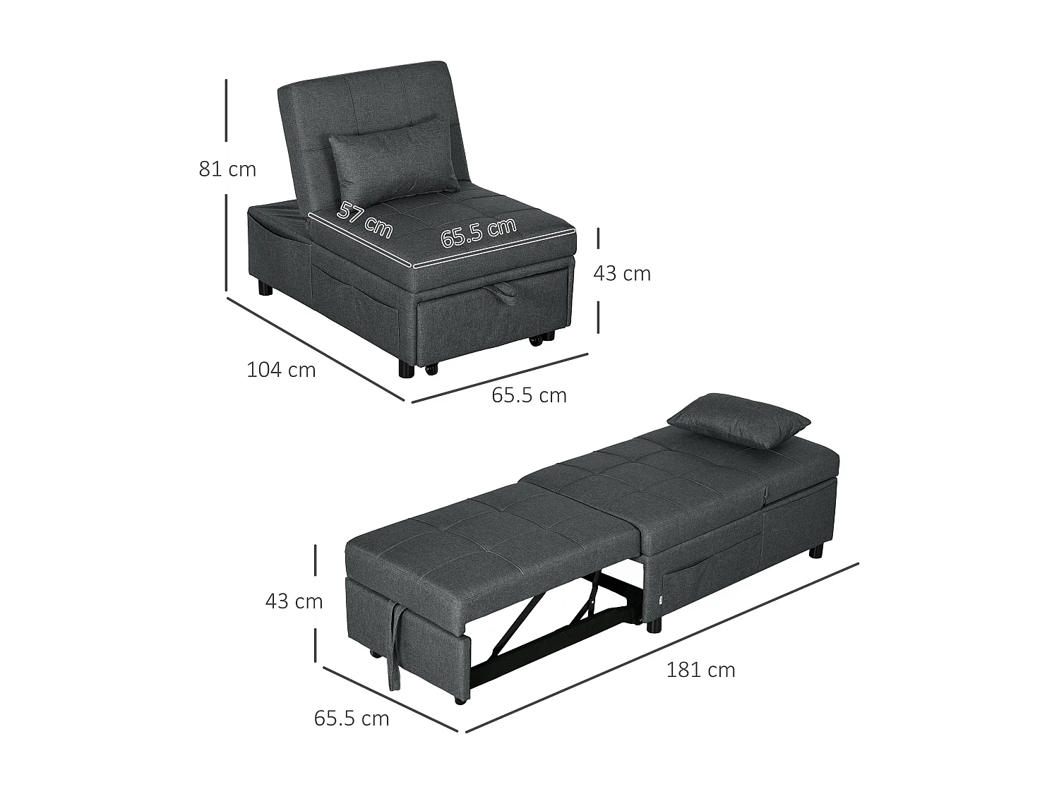Poltrona letto singolo con schienale reclinabile 3 in 1 grigio