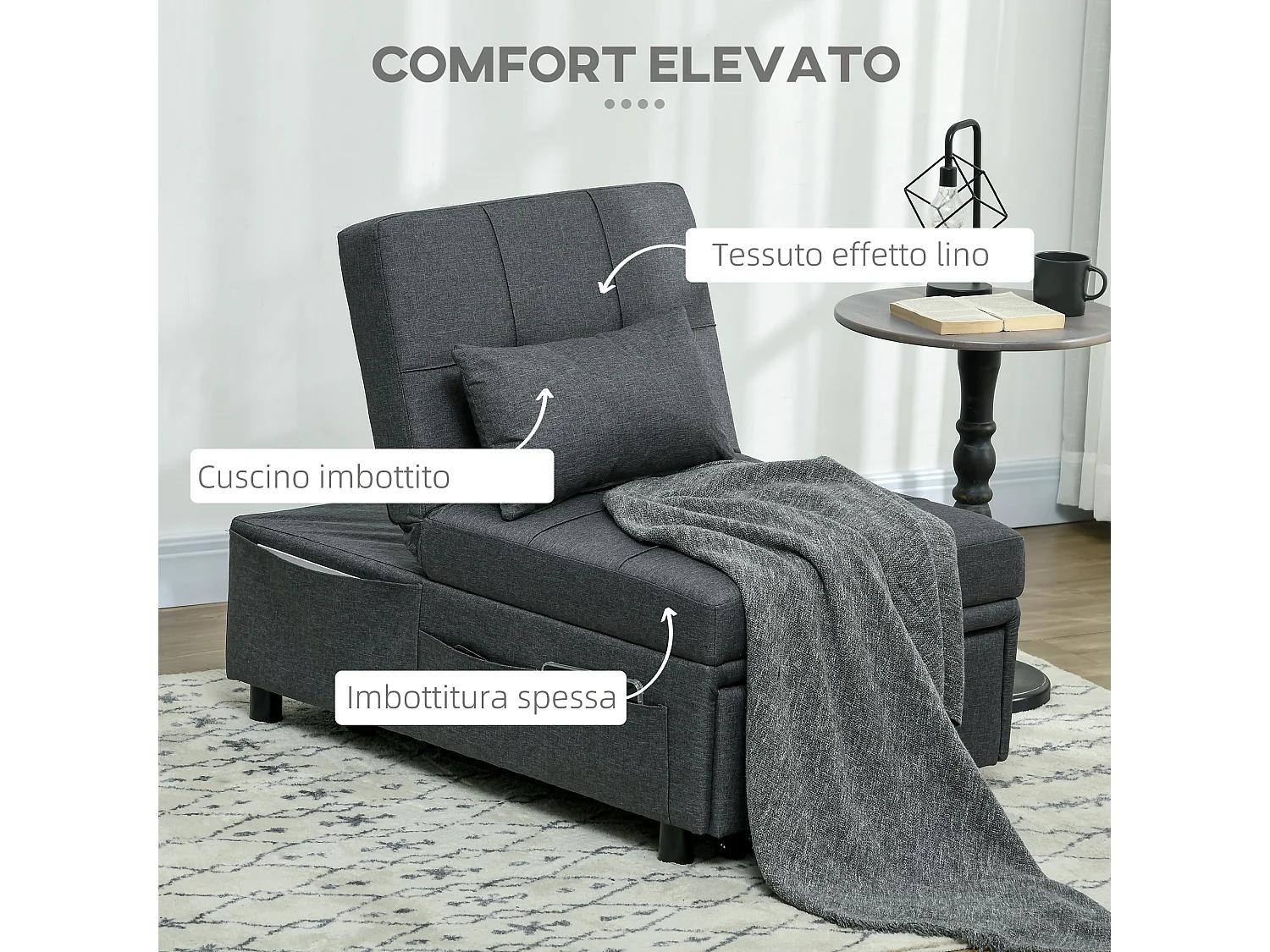 Poltrona letto singolo con schienale reclinabile 3 in 1 grigio
