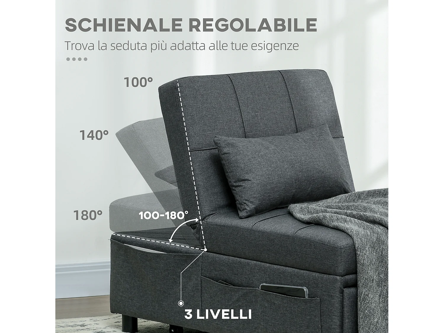 Poltrona letto singolo con schienale reclinabile 3 in 1 grigio