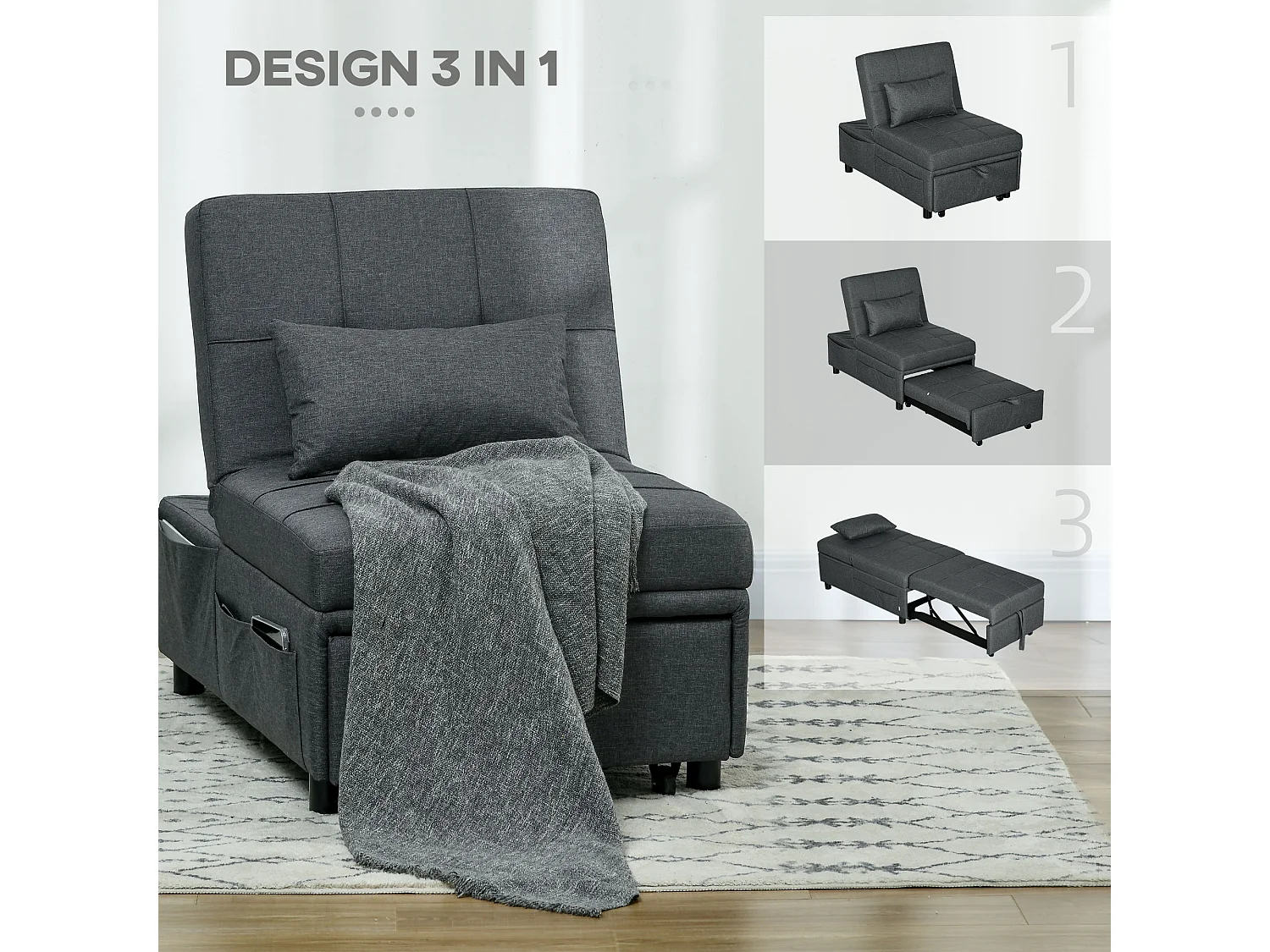 Poltrona letto singolo con schienale reclinabile 3 in 1 grigio