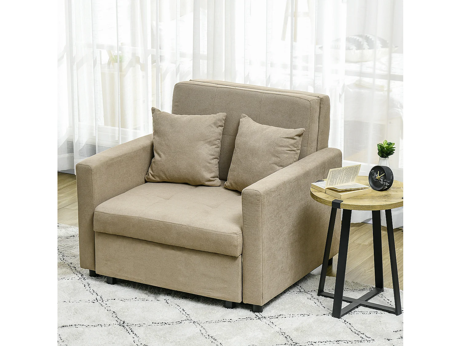 Poltrona letto con 2 cuscini e spazio portaoggetti marrone chiaro