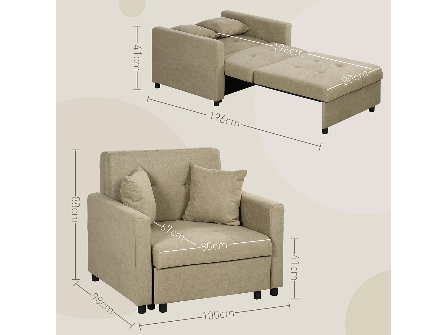 Poltrona letto con 2 cuscini e spazio portaoggetti marrone chiaro