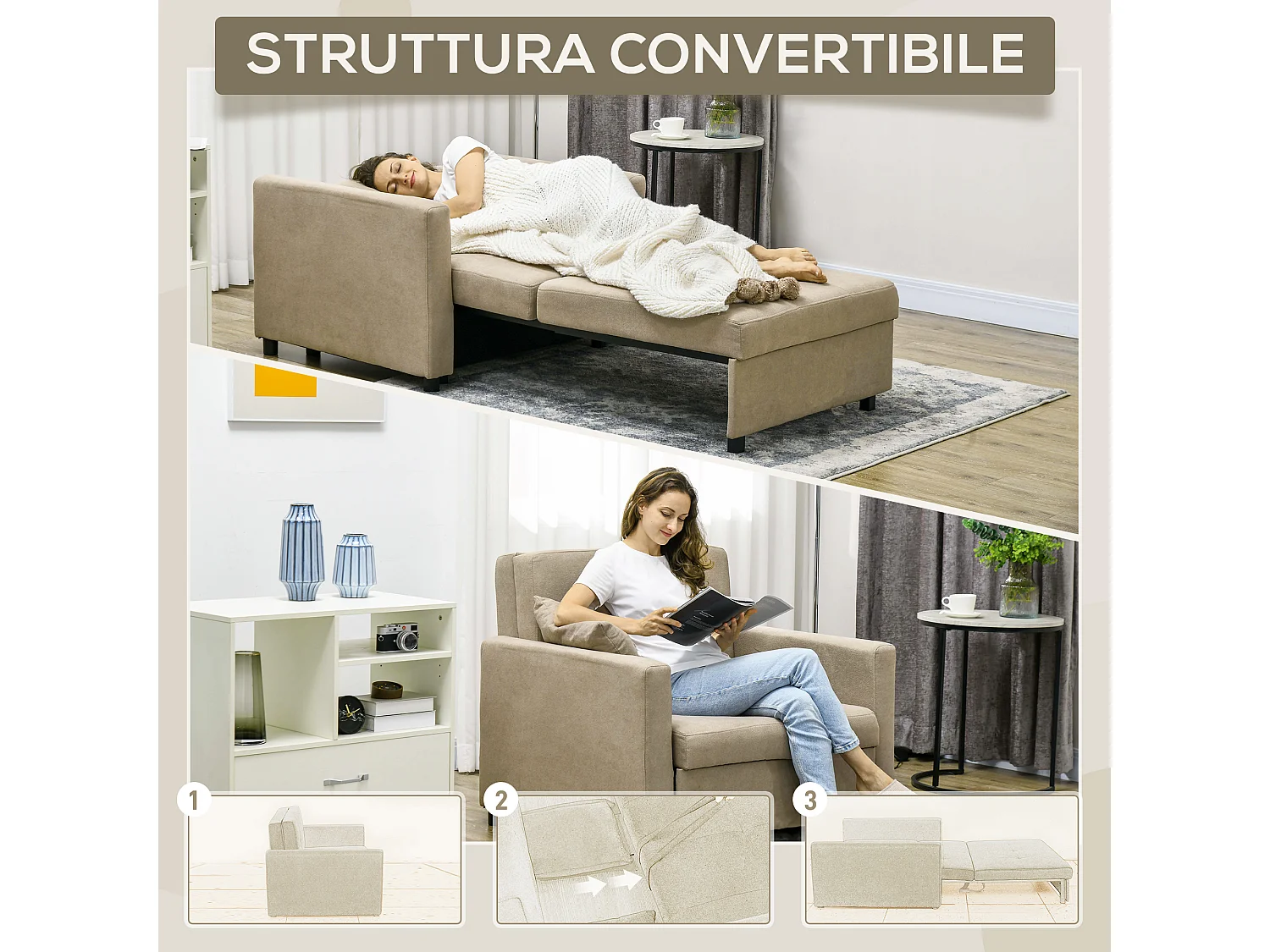 Poltrona letto con 2 cuscini e spazio portaoggetti marrone chiaro