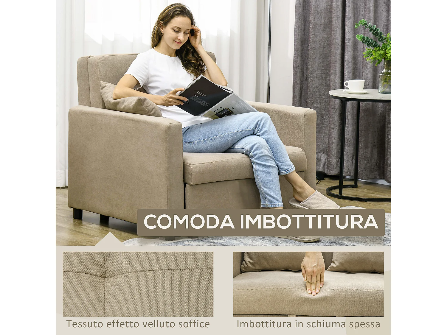 Poltrona letto con 2 cuscini e spazio portaoggetti marrone chiaro