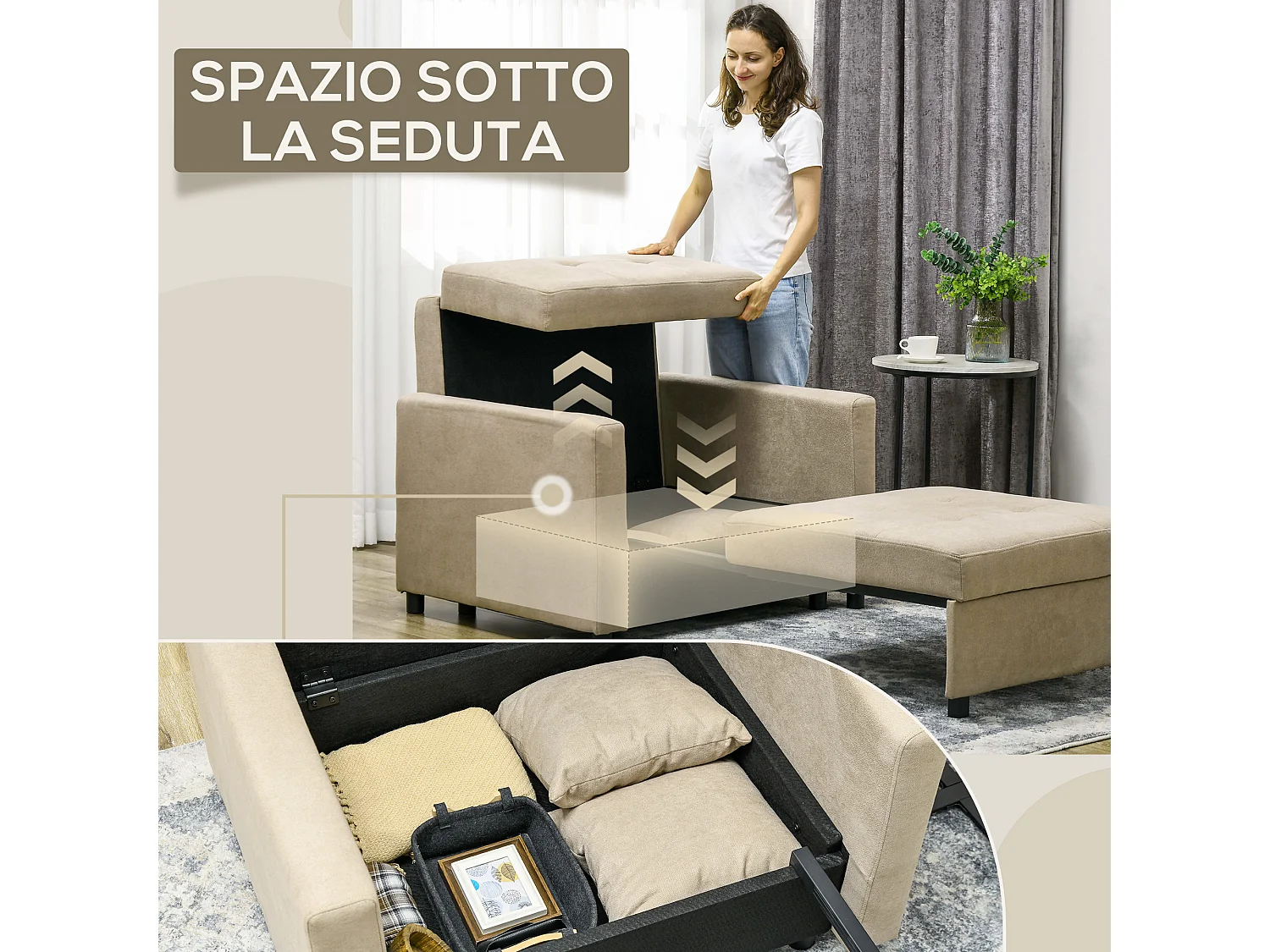 Poltrona letto con 2 cuscini e spazio portaoggetti marrone chiaro