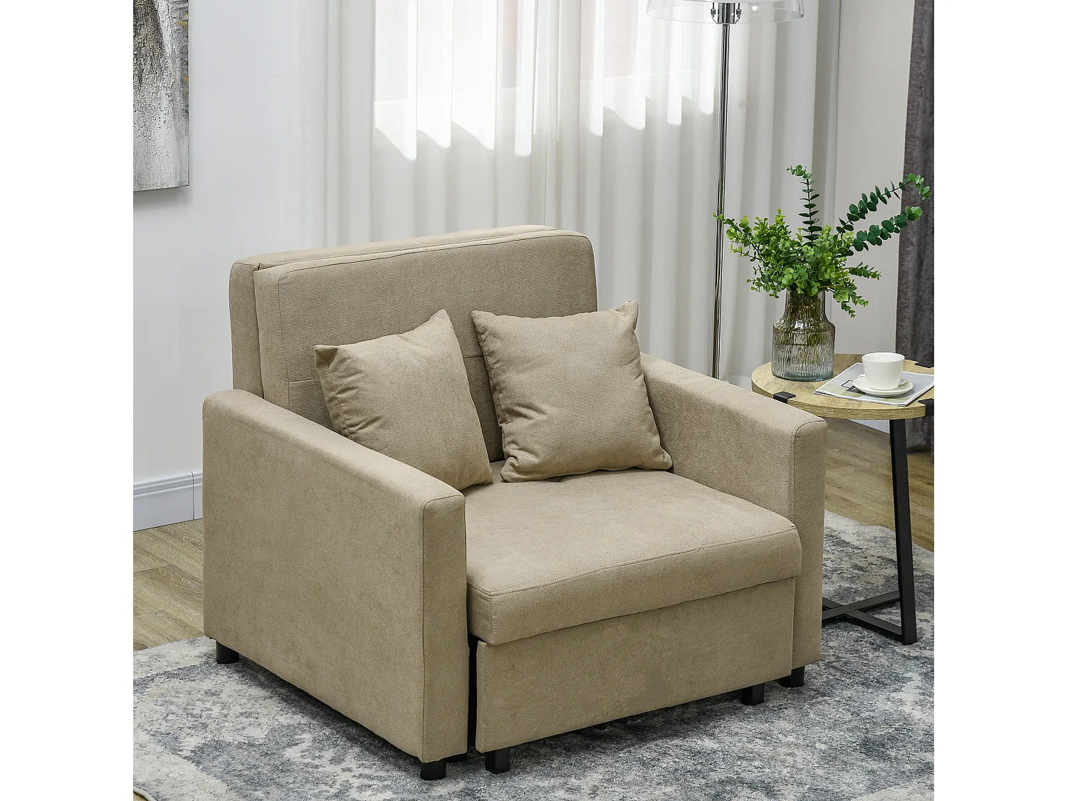 Poltrona letto con 2 cuscini e spazio portaoggetti marrone chiaro