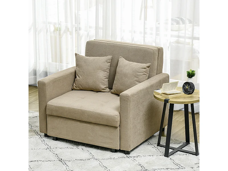 Poltrona letto con 2 cuscini e spazio portaoggetti marrone chiaro